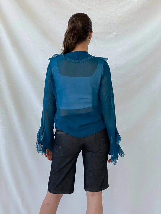 Vintage PORTRE Blue Ruffled Lace Collar Bell Sleeve Blouse - S - Balagan Vintage Full Sleeve Shirt 90s, full sleeve shirt, Mira, Office core, winter
