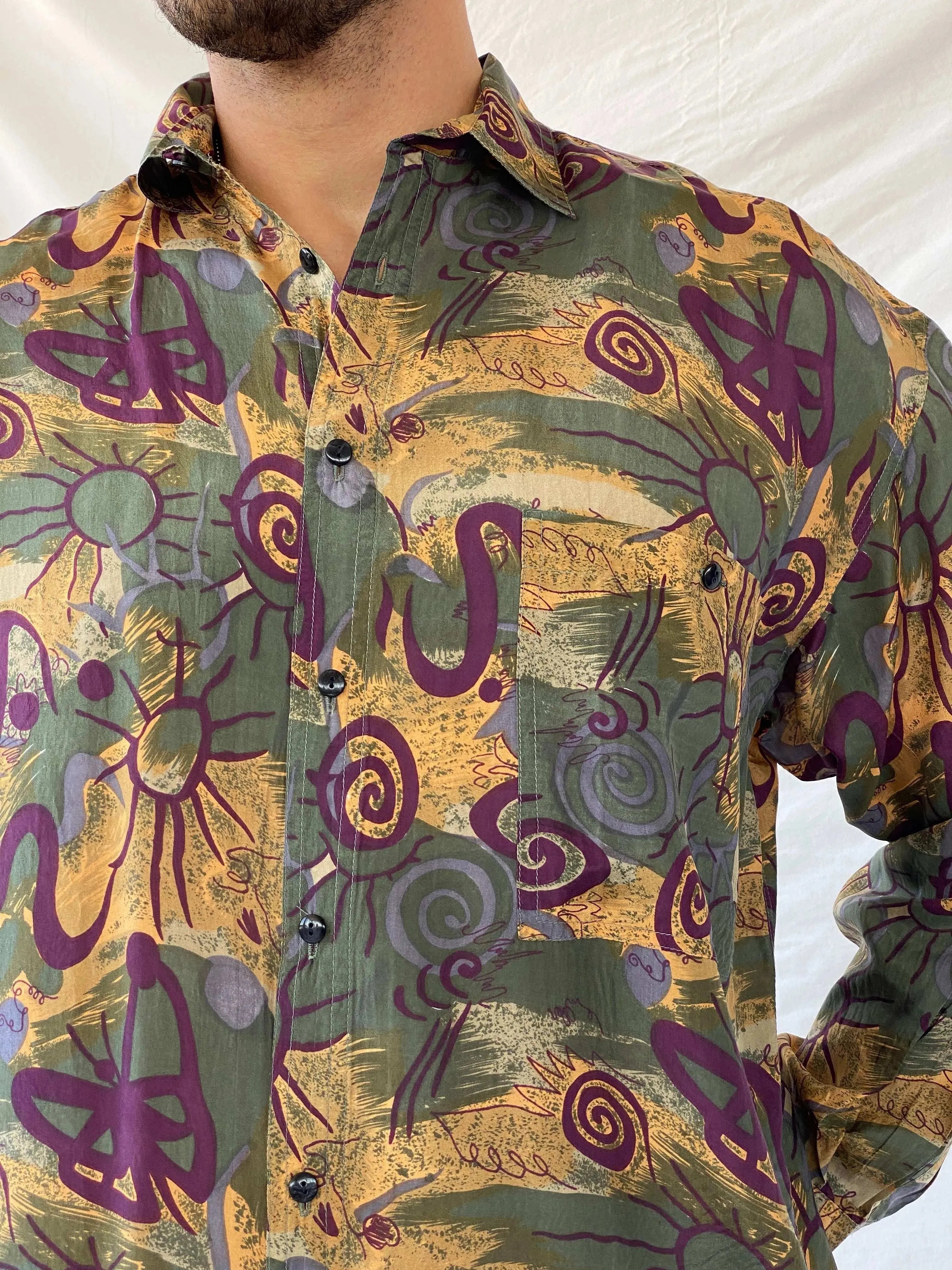 Vintage Protest Geometric Print Full Sleeve Silk Shirt - M - Balagan Vintage Full sleeve Shirt 90s, full sleeve shirt, mens shirt, printed shirt, printed silk shirt, Ramez, silk shirt