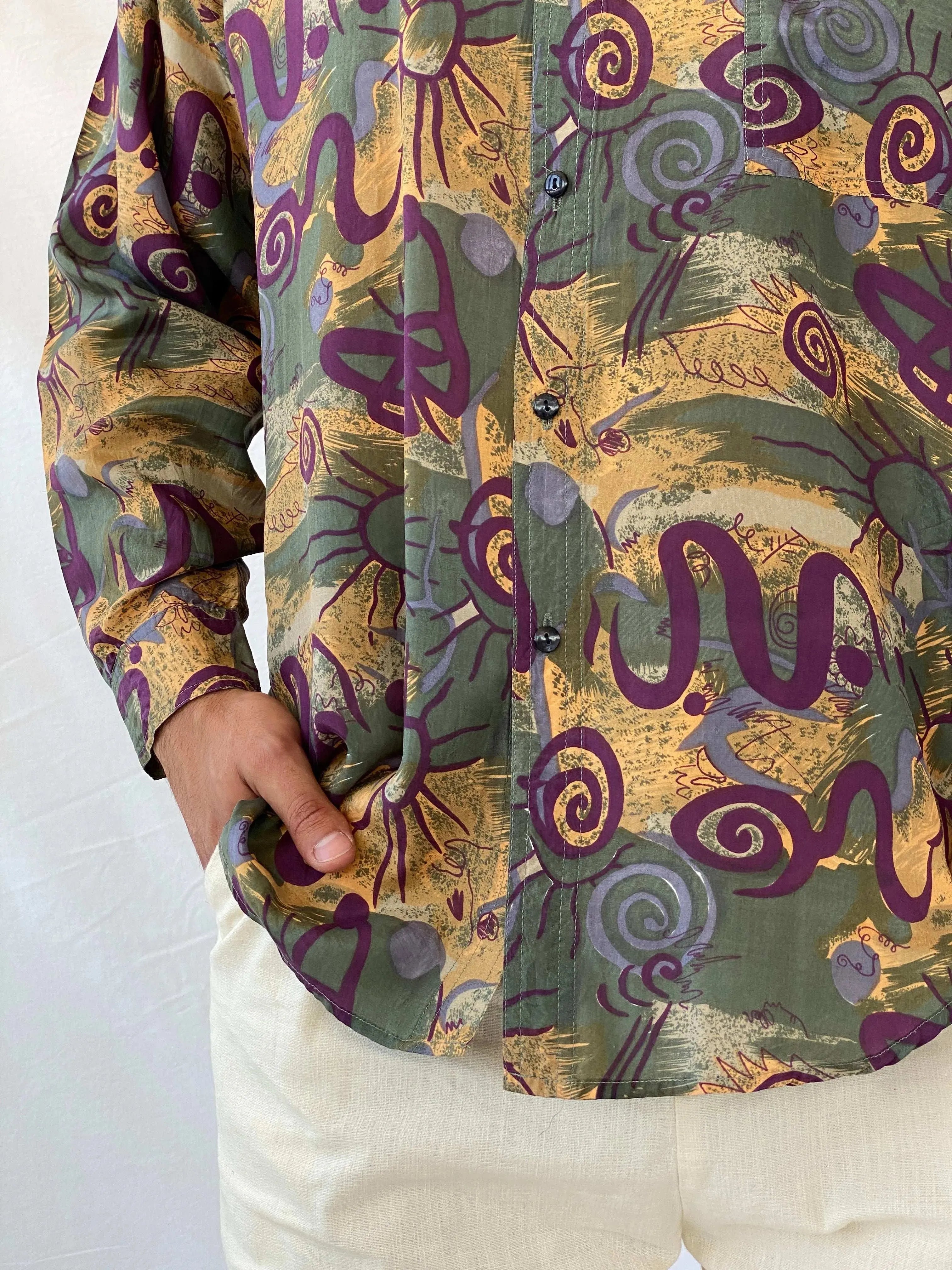 Vintage Protest Geometric Print Full Sleeve Silk Shirt - M - Balagan Vintage Full sleeve Shirt 90s, full sleeve shirt, mens shirt, printed shirt, printed silk shirt, Ramez, silk shirt
