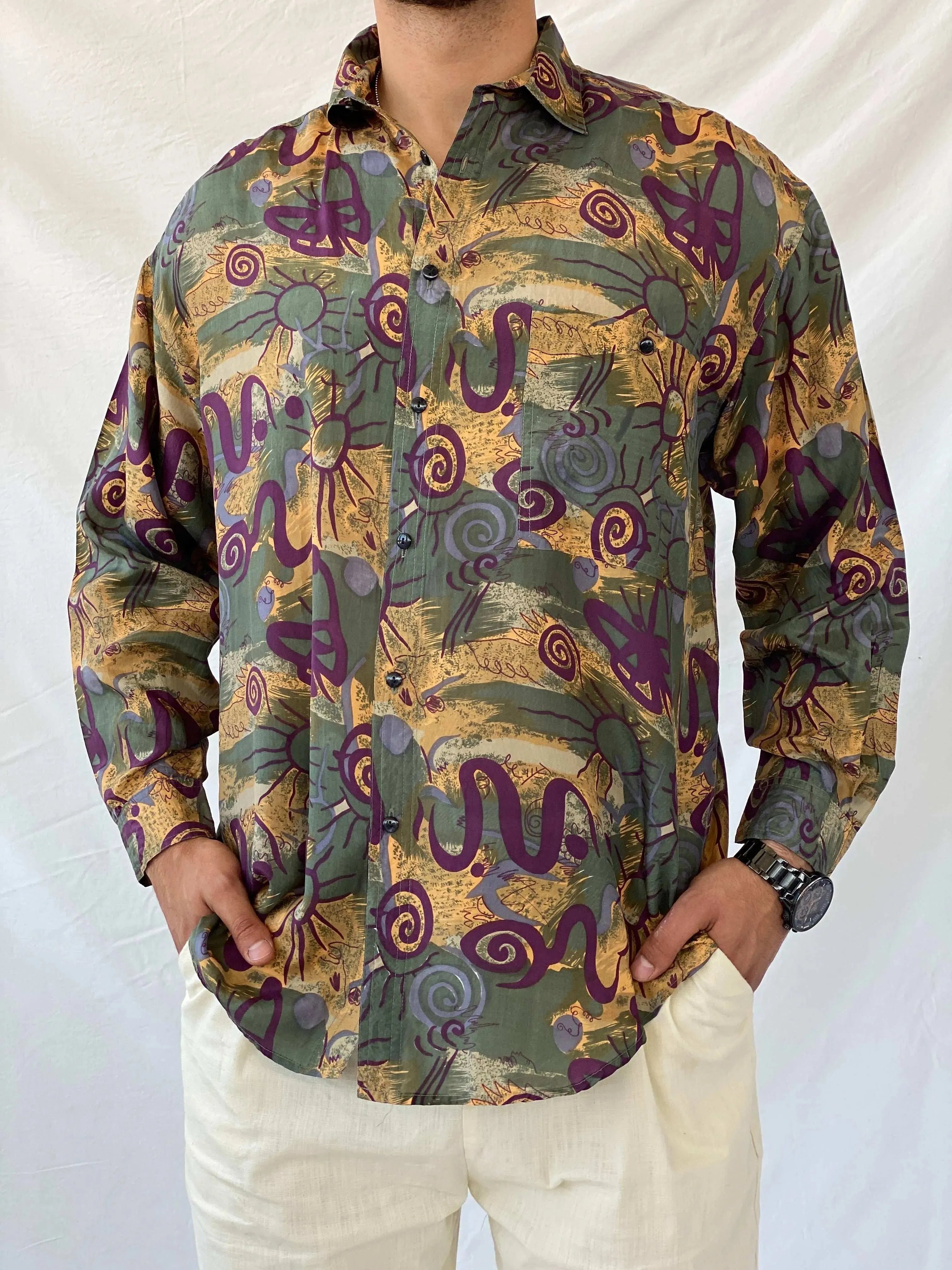 Vintage Protest Geometric Print Full Sleeve Silk Shirt - M - Balagan Vintage Full sleeve Shirt 90s, full sleeve shirt, mens shirt, printed shirt, printed silk shirt, Ramez, silk shirt