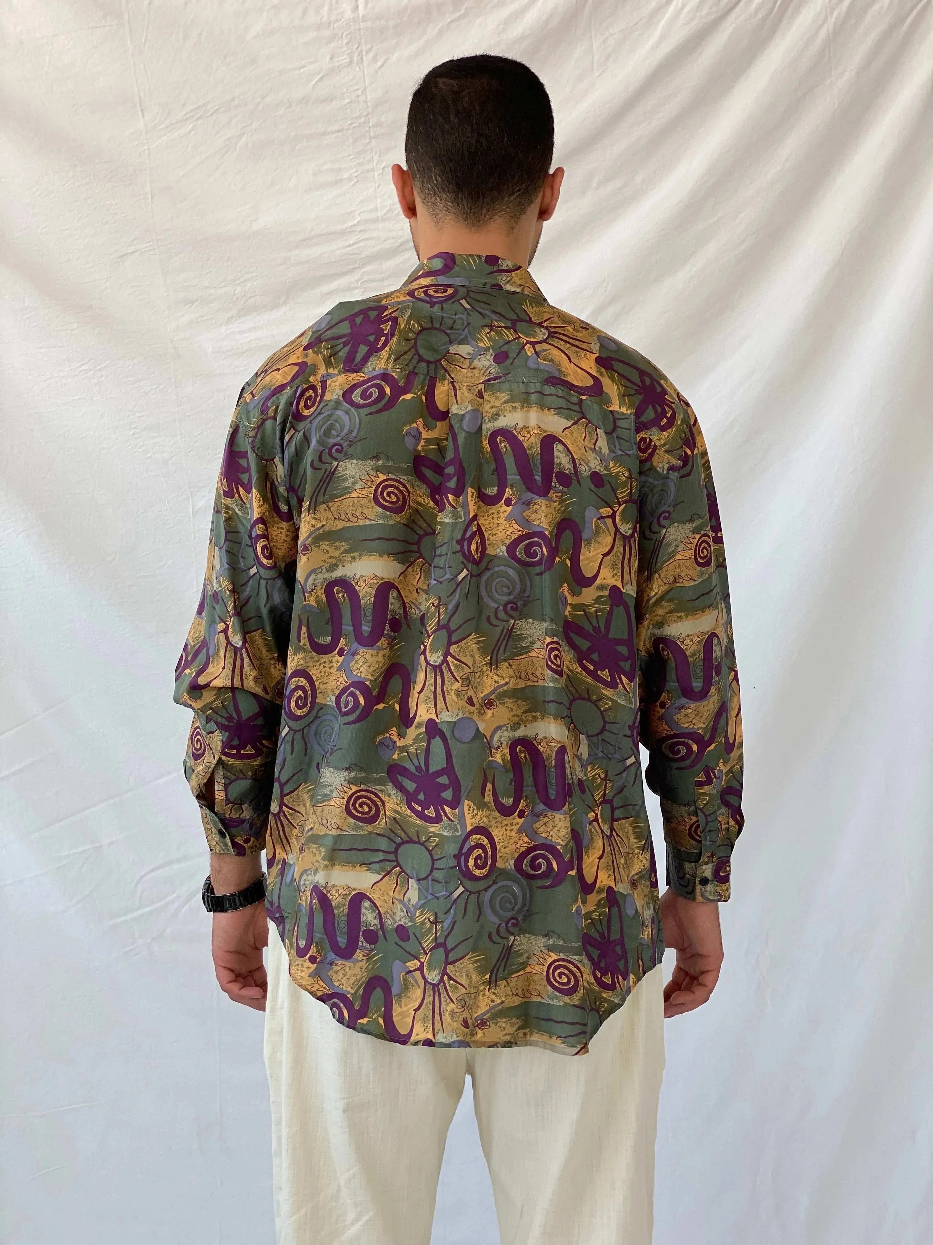 Vintage Protest Geometric Print Full Sleeve Silk Shirt - M - Balagan Vintage Full sleeve Shirt 90s, full sleeve shirt, mens shirt, printed shirt, printed silk shirt, Ramez, silk shirt