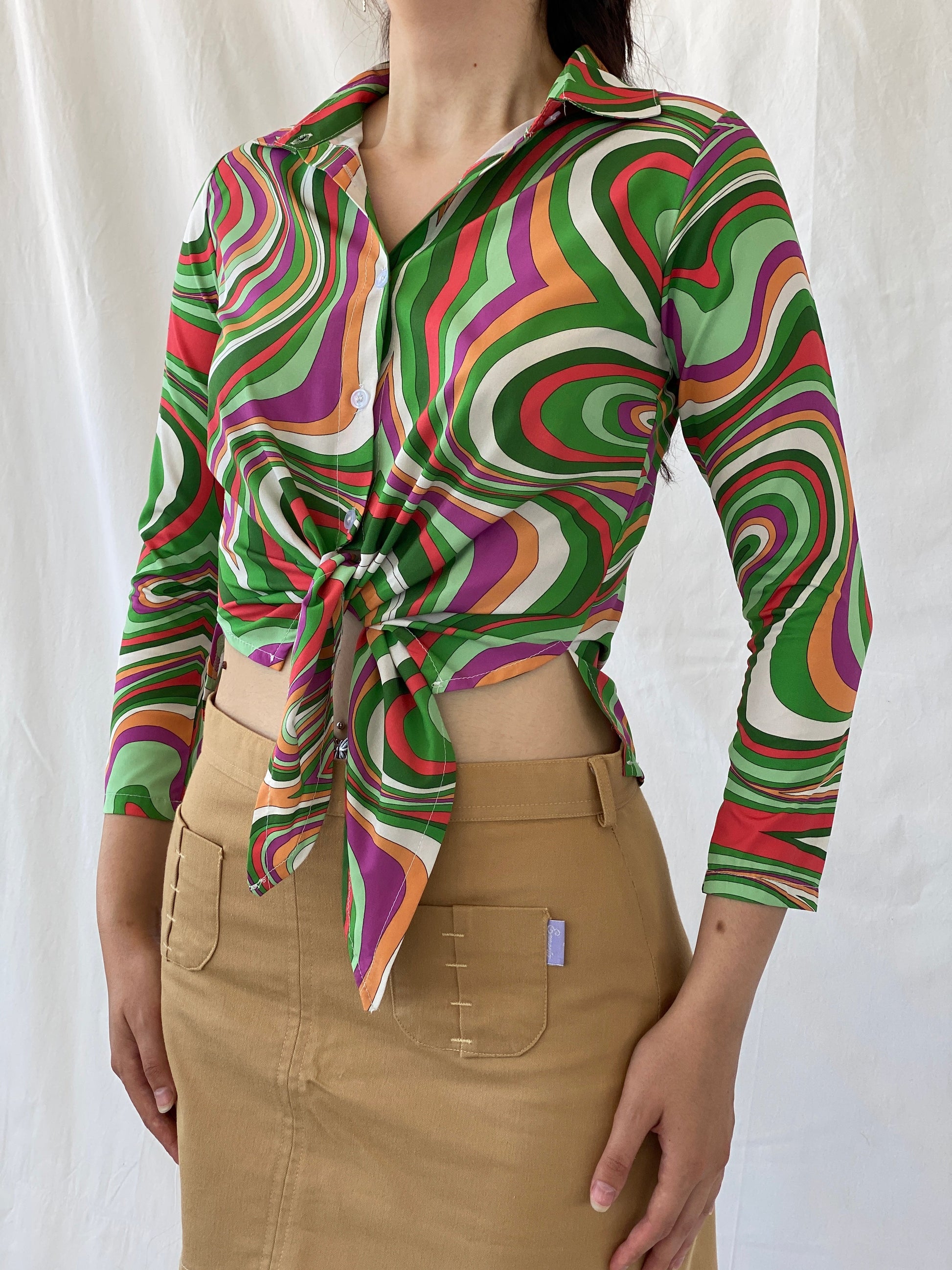 Vintage Psychedelic Print Shirt 70s Style Swirl Tie Front Blouse - M - Balagan Vintage Full Sleeve Shirt 00s, Ayah, groovy, groovy print, groovy shirt, NEW IN, shirt, women shirt