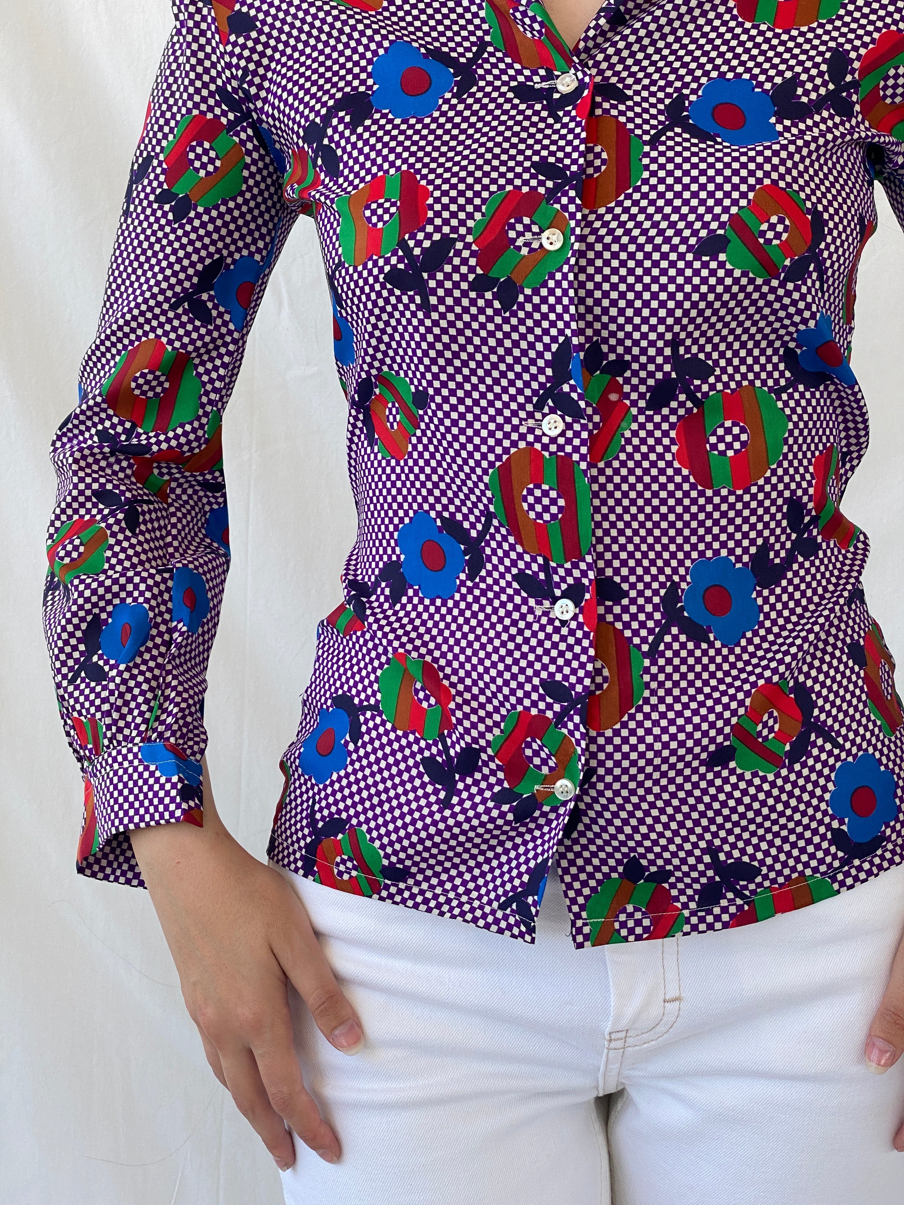 Vintage Qwer Geometric Floral Art Color Blast Full Sleeve Shirt - S - Balagan Vintage Full sleeve Shirt 00s, Ayah, floral, floral shirt, full sleeve shirt, NEW IN, shirt, women shirt