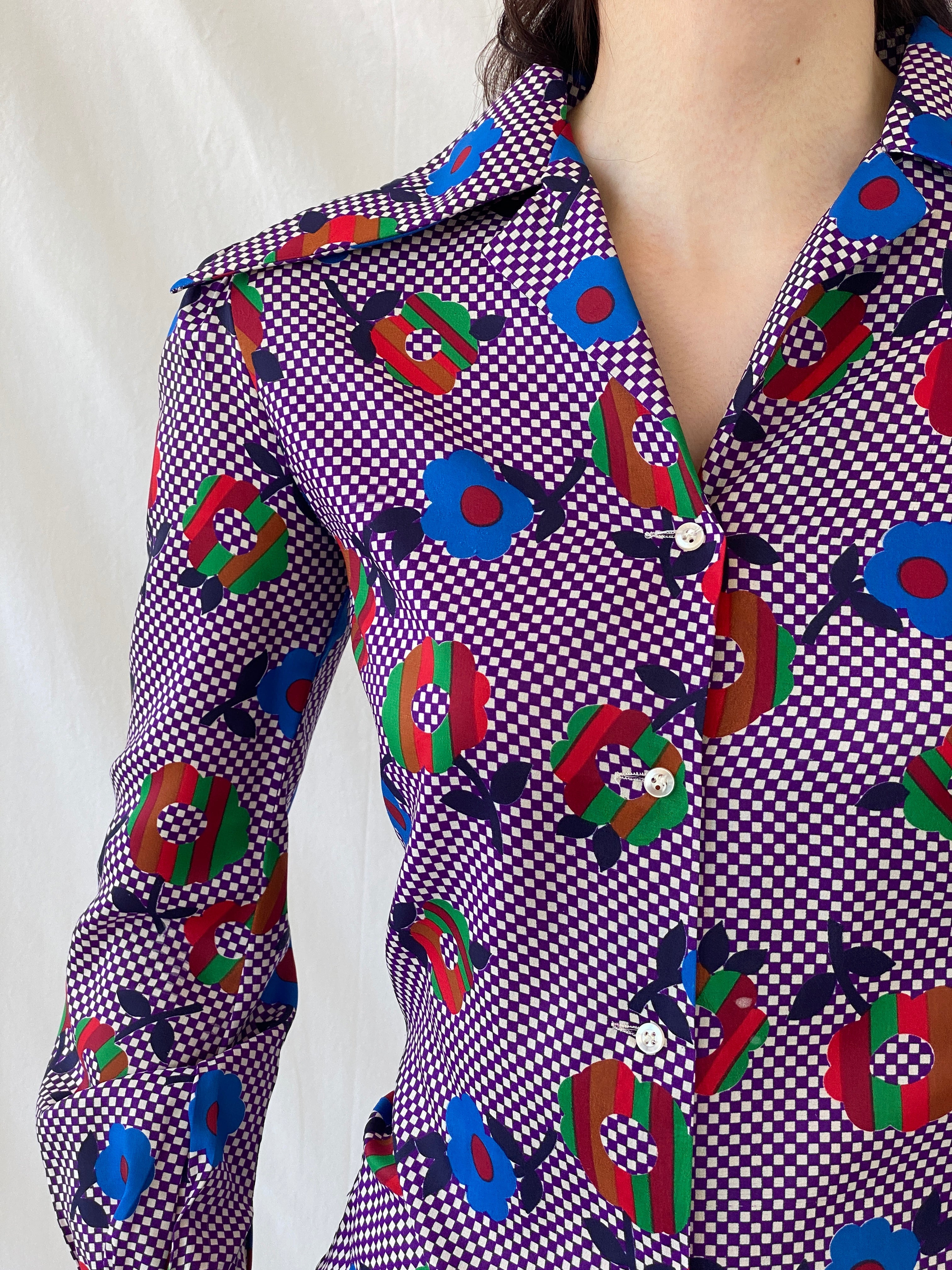 Vintage Qwer Geometric Floral Art Color Blast Full Sleeve Shirt - S - Balagan Vintage Full sleeve Shirt 00s, Ayah, floral, floral shirt, full sleeve shirt, NEW IN, shirt, women shirt
