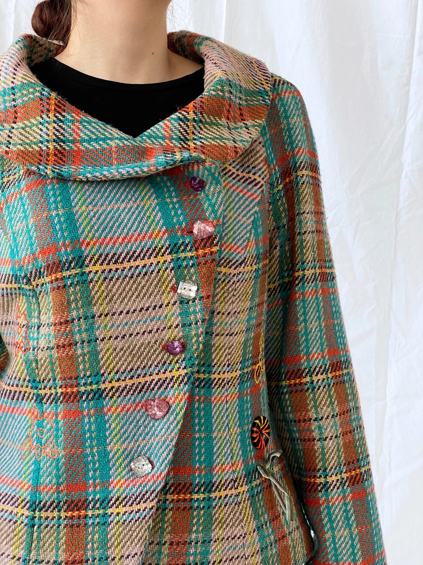 Vintage Rainbow Plaid Whimsy Exaggerated Collar Women’s Blazer - L - Balagan Vintage Jacket 00s, 90s, Ayah, Coats&Jackets, floral embroidery, full sleeve blazer, jacket, Women's Blazers