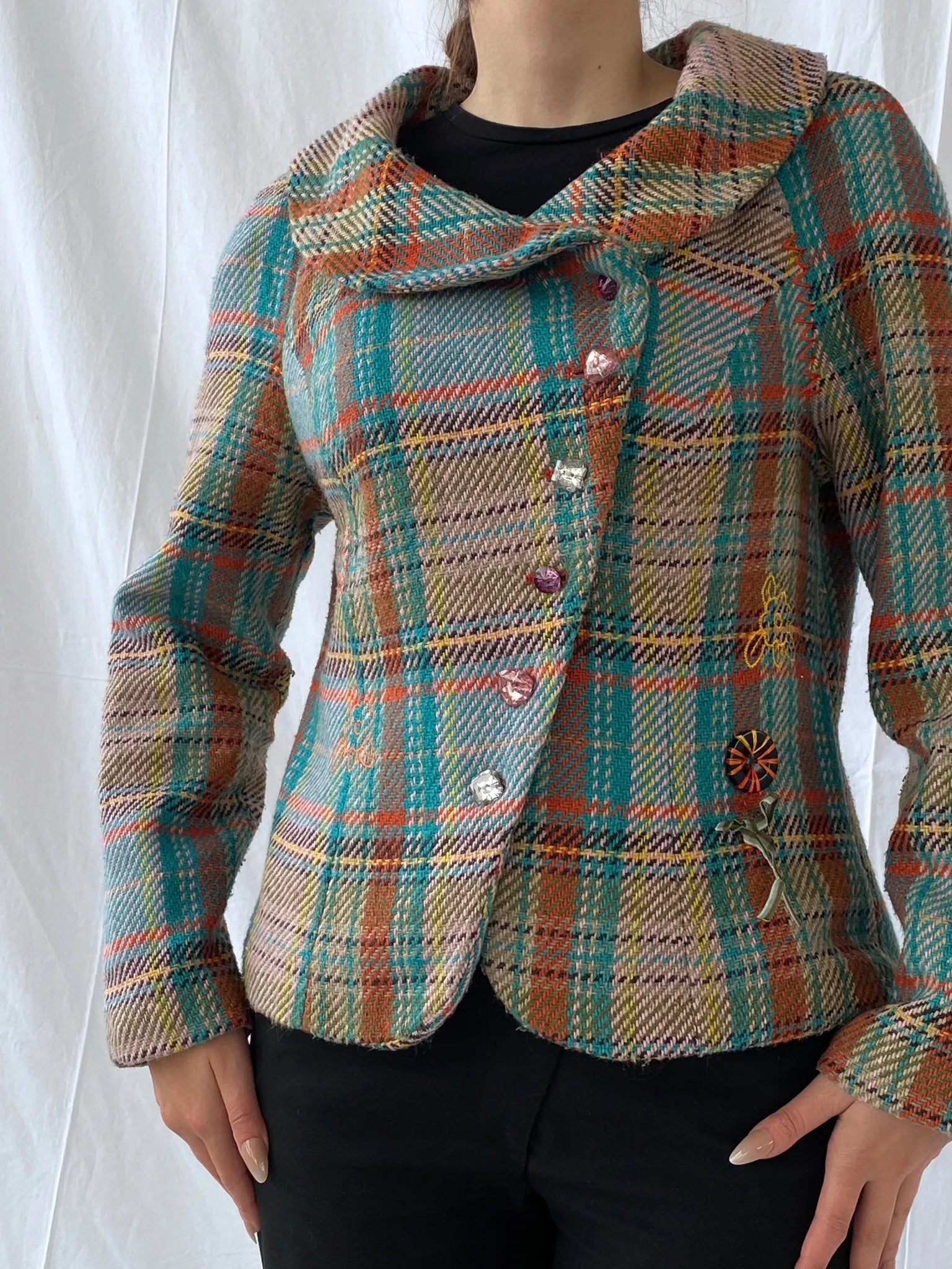Vintage Rainbow Plaid Whimsy Exaggerated Collar Women’s Blazer - L - Balagan Vintage Jacket 00s, 90s, Ayah, Coats&Jackets, floral embroidery, full sleeve blazer, jacket, Women's Blazers