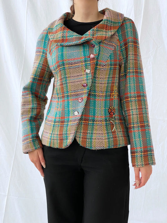 Vintage Rainbow Plaid Whimsy Exaggerated Collar Women’s Blazer - L - Balagan Vintage Jacket 00s, 90s, Ayah, Coats&Jackets, floral embroidery, full sleeve blazer, jacket, Women's Blazers