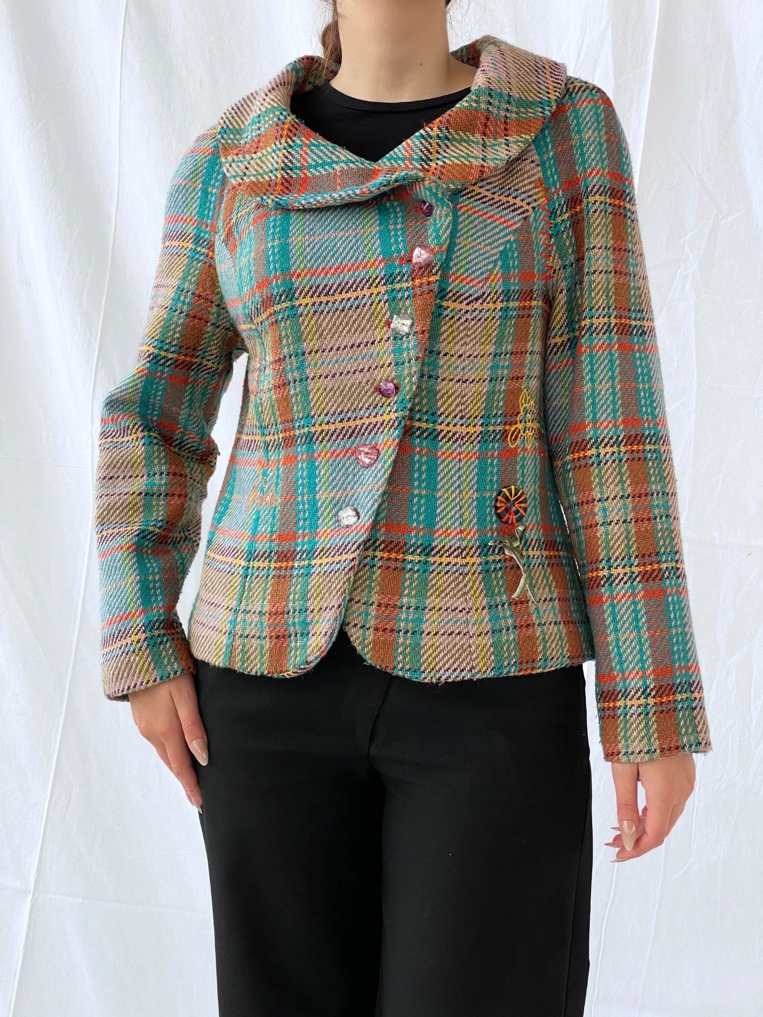 Vintage Rainbow Plaid Whimsy Exaggerated Collar Women’s Blazer - L - Balagan Vintage Jacket 00s, 90s, Ayah, floral embroidery, full sleeve blazer, jacket