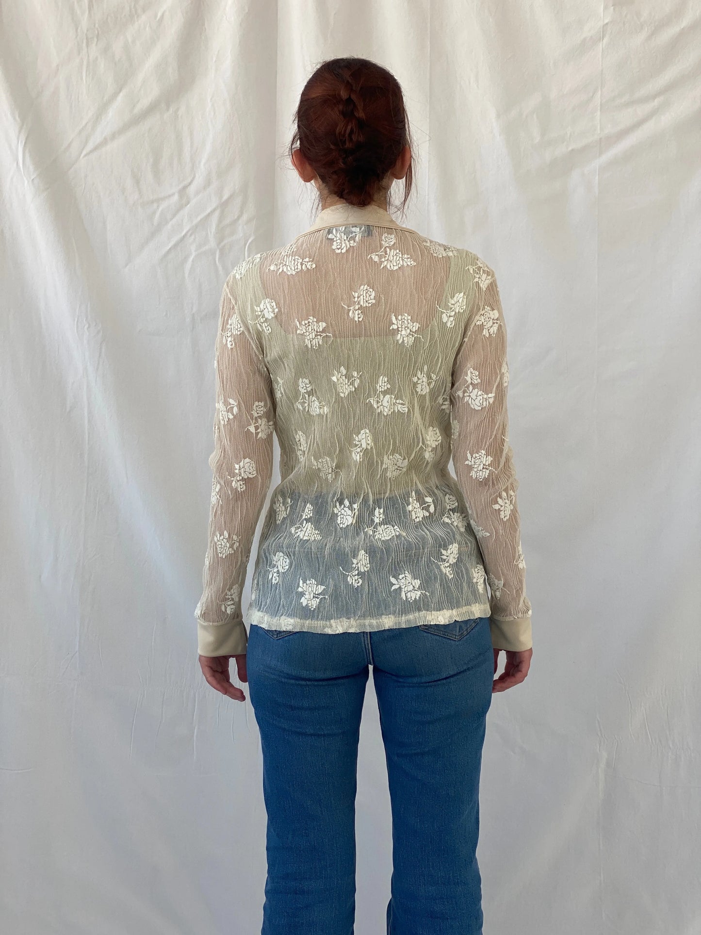 Vintage R&B Rebecca Blu Beige Floral Mesh Cardigan Shirt - M - Balagan Vintage Cardigan Ayah, cardigan, floral mesh, full sleeve shirt, mesh, shirt, women shirt