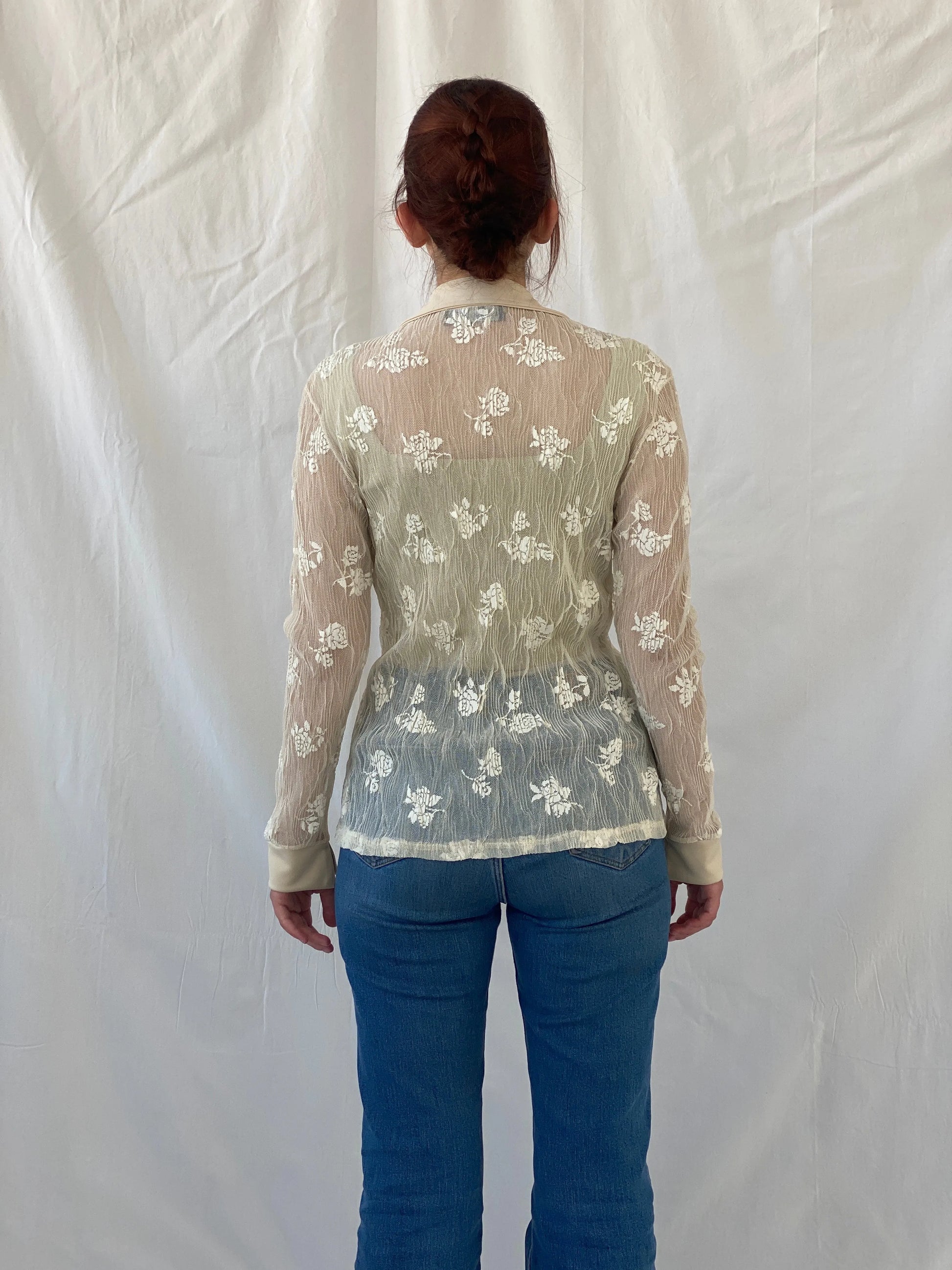 Vintage R&B Rebecca Blu Beige Floral Mesh Cardigan Shirt - M - Balagan Vintage Cardigan Ayah, cardigan, floral mesh, full sleeve shirt, mesh, shirt, women shirt