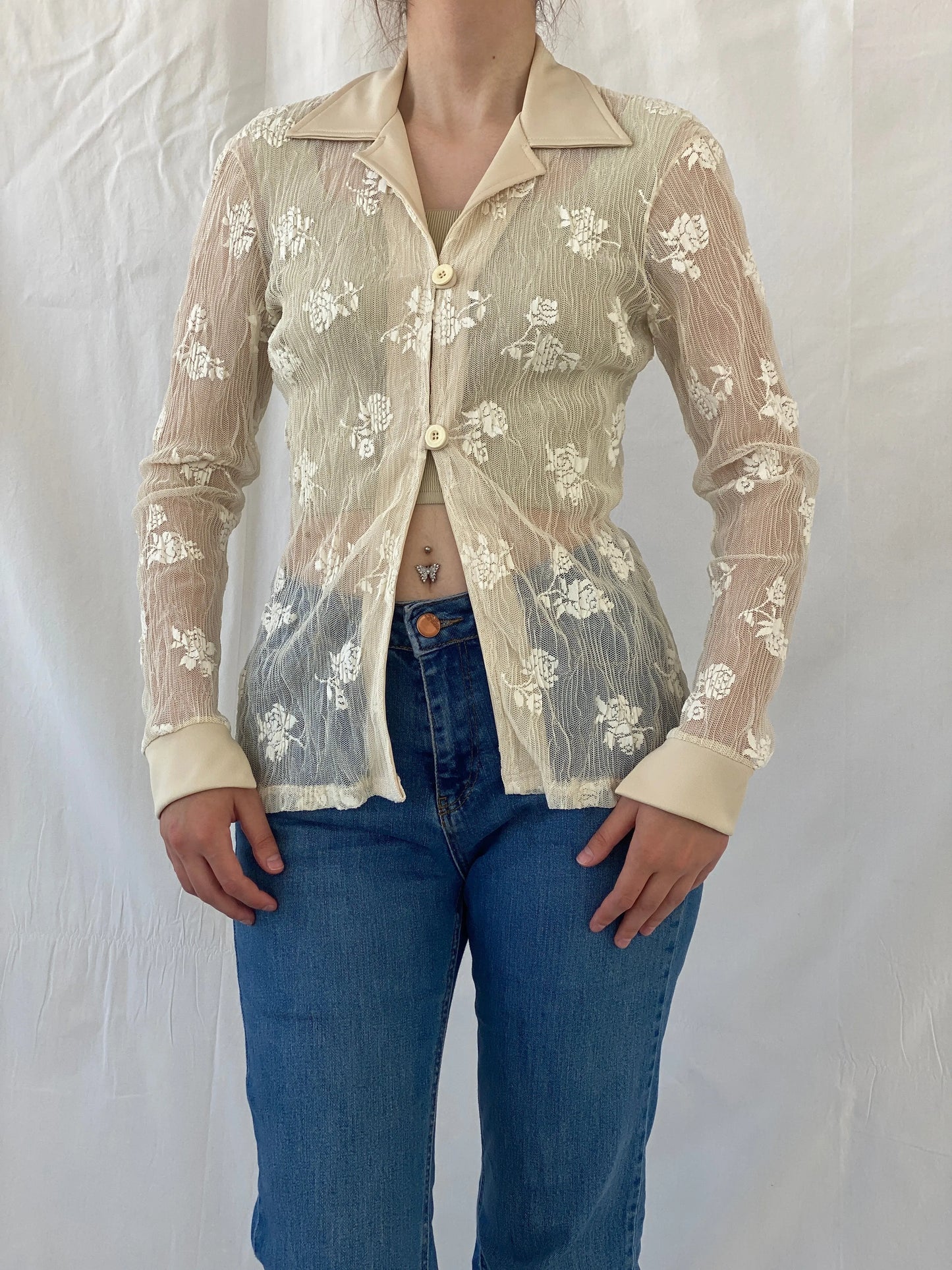 Vintage R&B Rebecca Blu Beige Floral Mesh Cardigan Shirt - M - Balagan Vintage Cardigan Ayah, cardigan, floral mesh, full sleeve shirt, mesh, shirt, women shirt