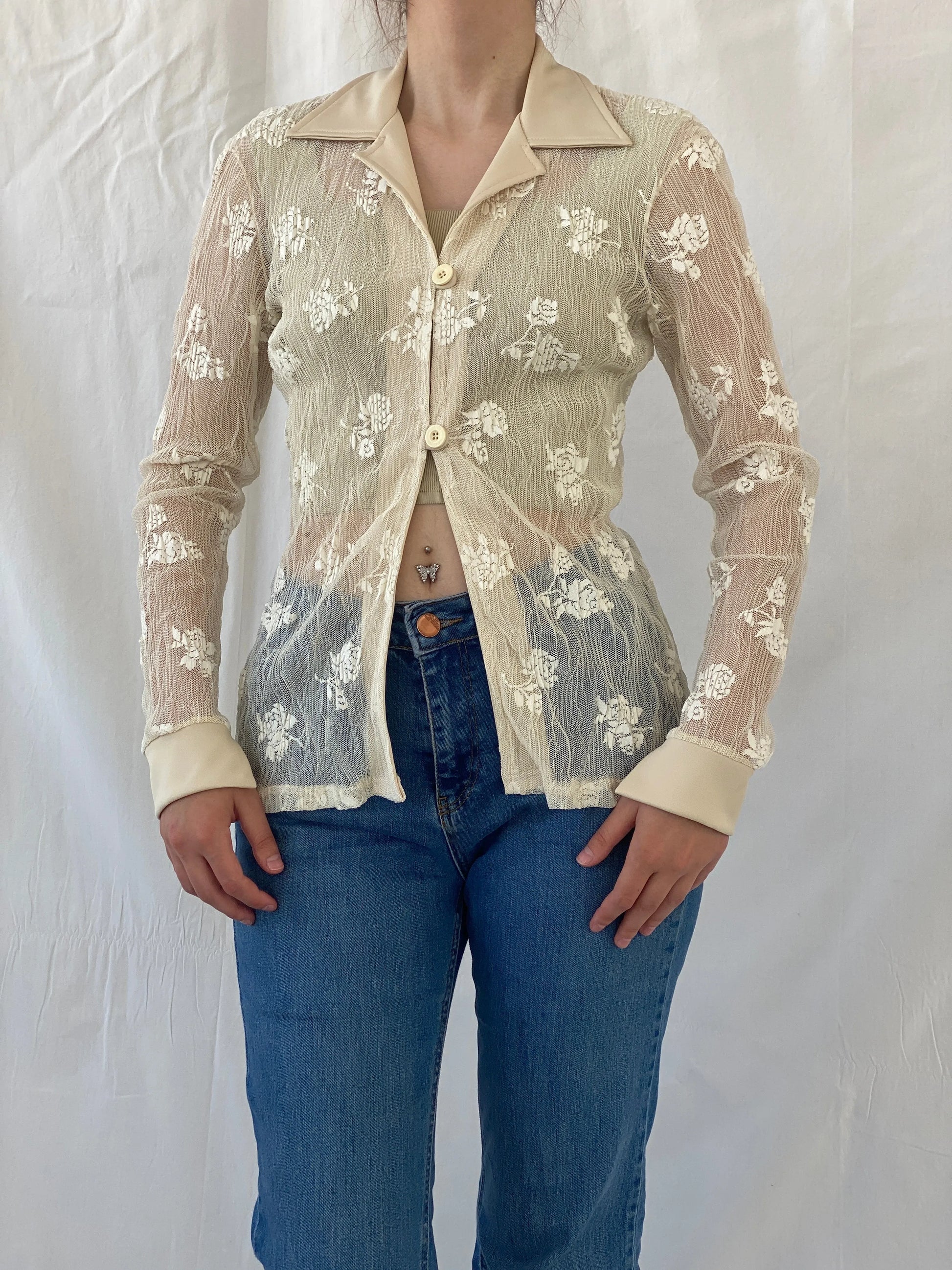 Vintage R&B Rebecca Blu Beige Floral Mesh Cardigan Shirt - M - Balagan Vintage Cardigan Ayah, cardigan, floral mesh, full sleeve shirt, mesh, shirt, women shirt