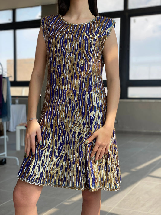 Vintage Razzle Dazzle Pure Silk Blue Gold Sequin Boxy Midi Dress - M - Balagan Vintage Midi Dress consignment, Dana, dress, midi dress, Syntia, vintage dress, Wedding Guest, winter