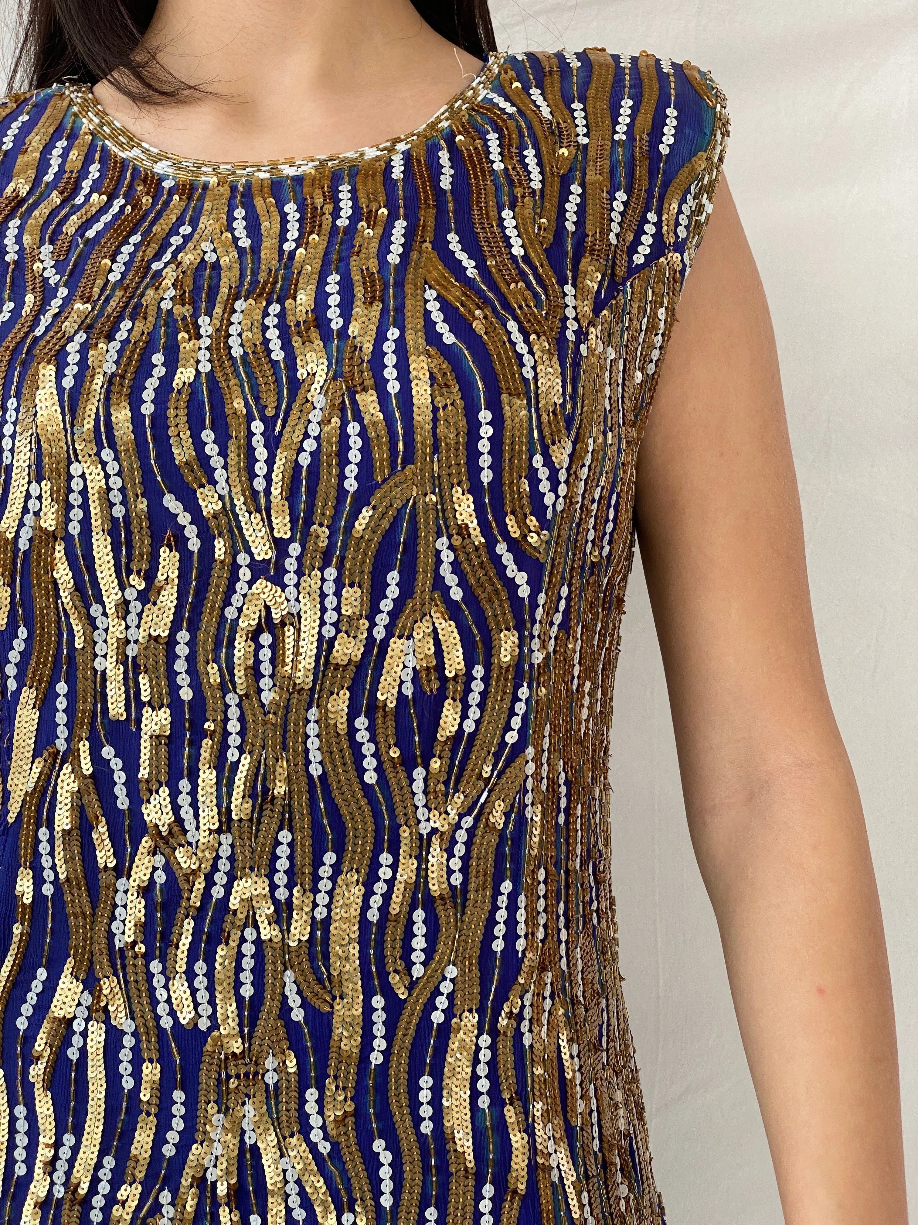 Vintage Razzle Dazzle Pure Silk Blue Gold Sequin Boxy Midi Dress - M - Balagan Vintage Midi Dress consignment, Dana, dress, midi dress, Syntia, vintage dress, Wedding Guest, winter