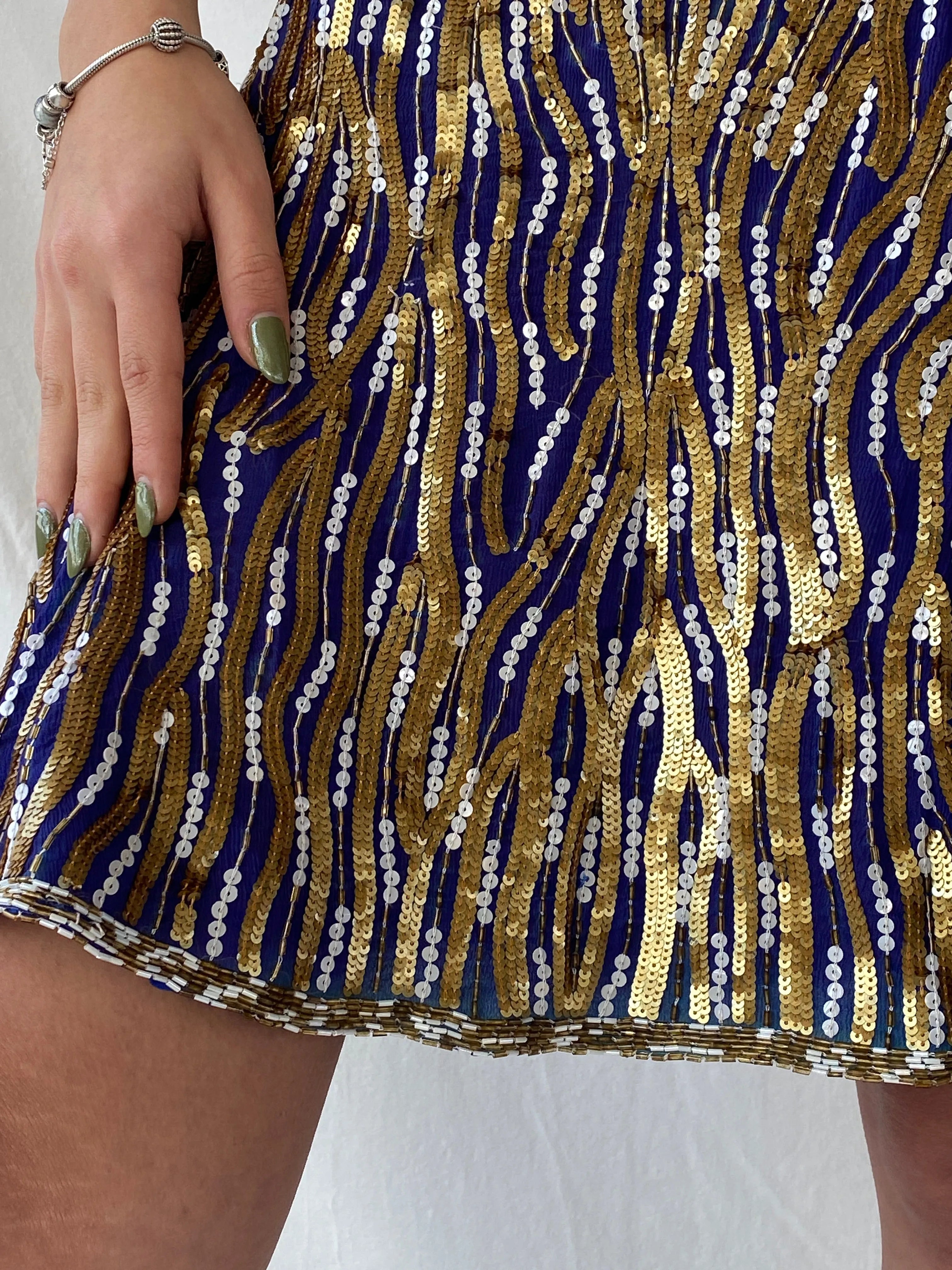 Vintage Razzle Dazzle Pure Silk Blue Gold Sequin Boxy Midi Dress - M - Balagan Vintage Midi Dress consignment, Dana, dress, midi dress, Syntia, vintage dress, Wedding Guest, winter