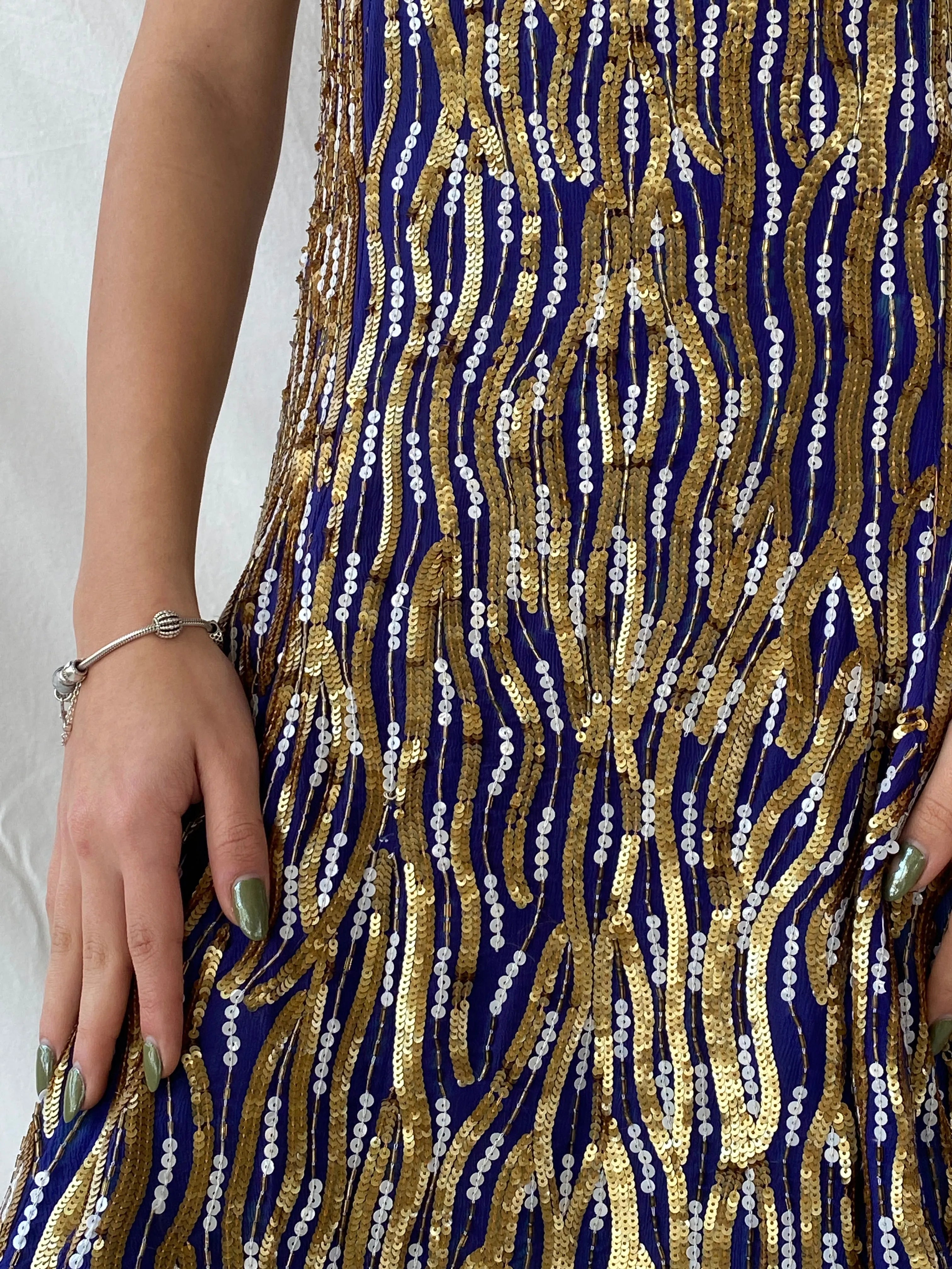 Vintage Razzle Dazzle Pure Silk Blue Gold Sequin Boxy Midi Dress - M - Balagan Vintage Midi Dress consignment, Dana, dress, midi dress, Syntia, vintage dress, Wedding Guest, winter