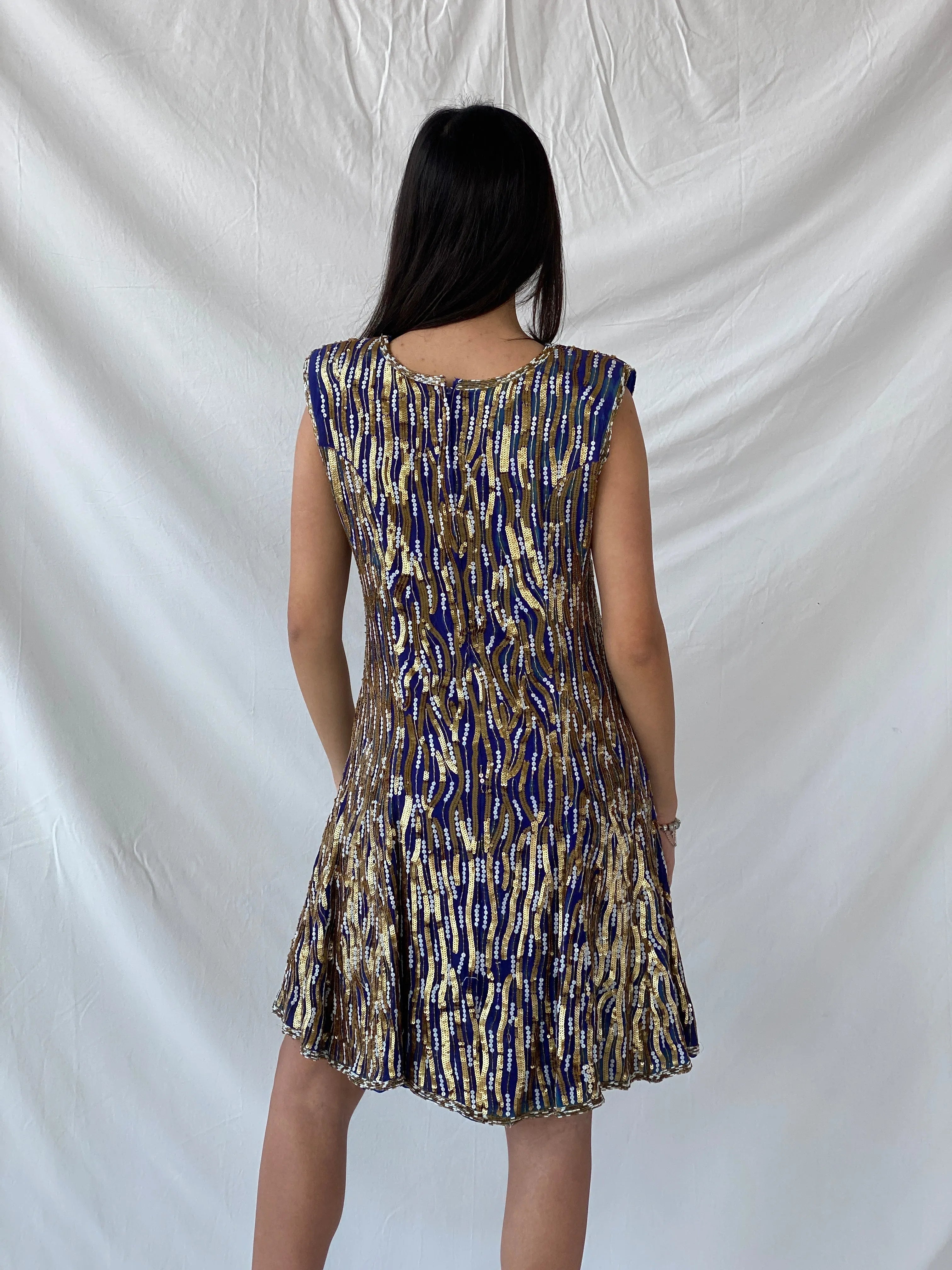 Vintage Razzle Dazzle Pure Silk Blue Gold Sequin Boxy Midi Dress - M - Balagan Vintage Midi Dress consignment, Dana, dress, midi dress, Syntia, vintage dress, Wedding Guest, winter