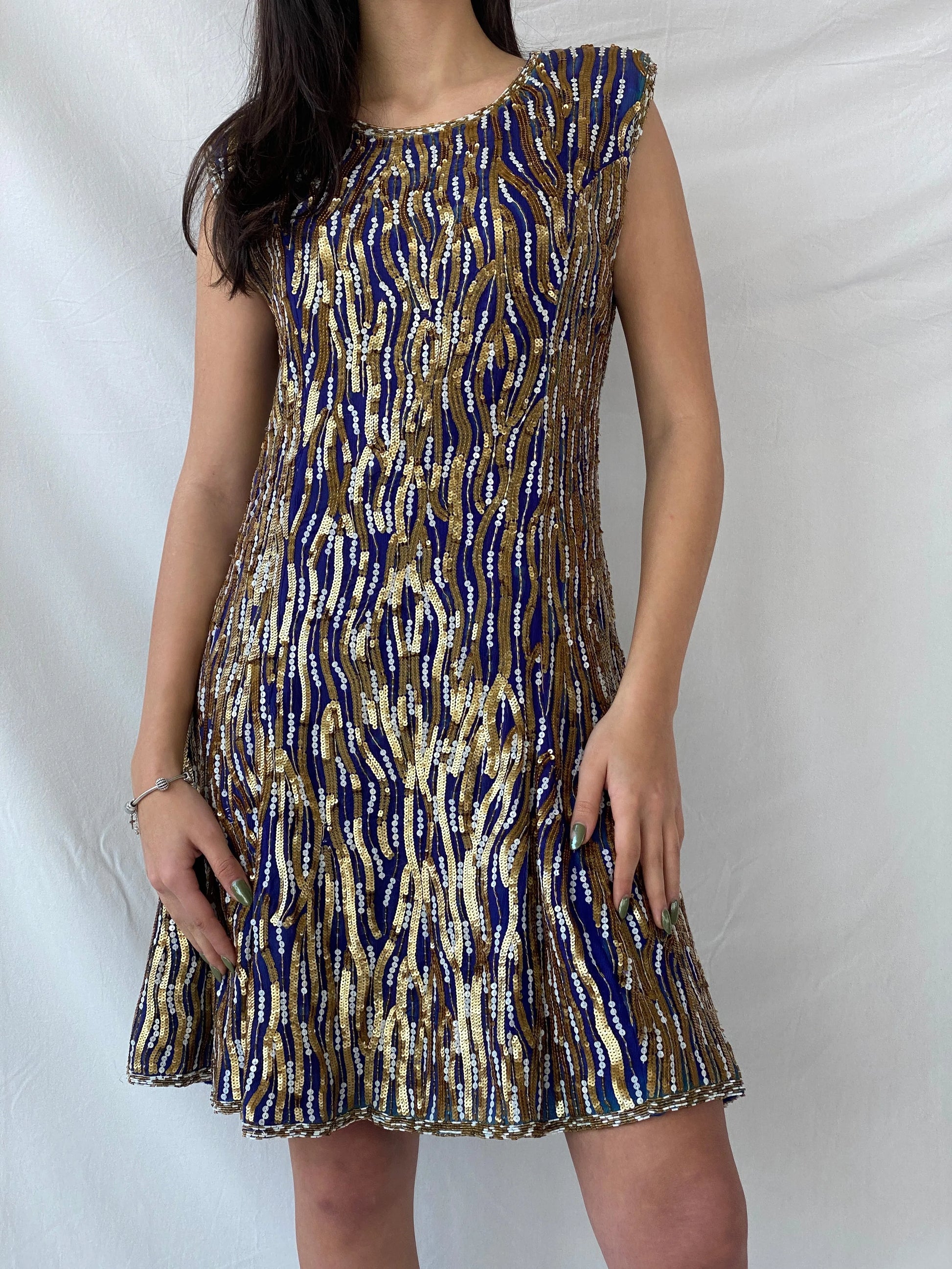 Vintage Razzle Dazzle Pure Silk Blue Gold Sequin Boxy Midi Dress - M - Balagan Vintage Midi Dress consignment, Dana, dress, midi dress, Syntia, vintage dress, Wedding Guest, winter
