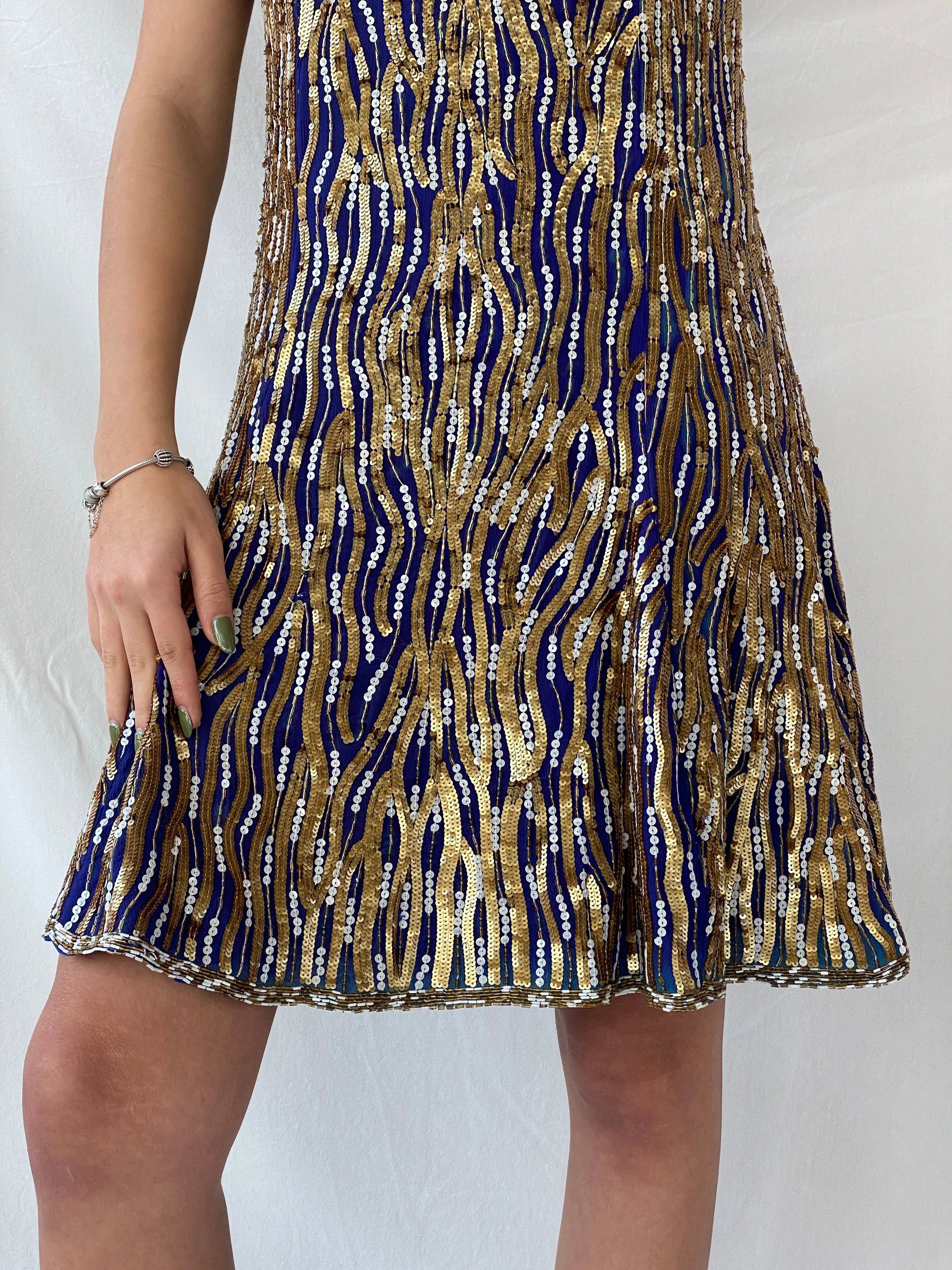 Vintage Razzle Dazzle Pure Silk Blue Gold Sequin Boxy Midi Dress - M - Balagan Vintage Midi Dress consignment, Dana, dress, midi dress, Syntia, vintage dress, Wedding Guest, winter