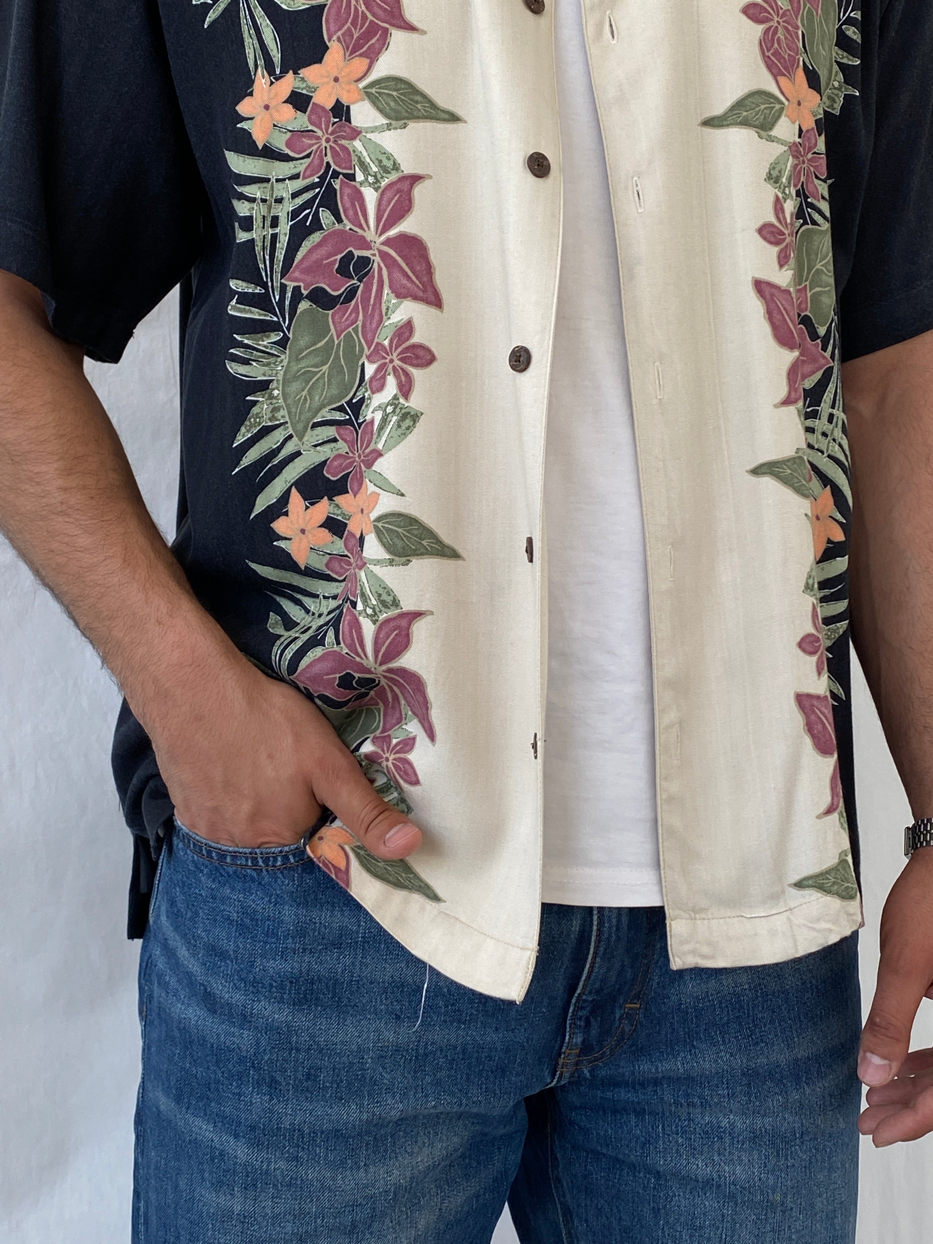 Vintage Red Macaw Black Floral Men’s Short Sleeve Hawaiian Rayon Beach Shirt - L - Balagan Vintage Half Sleeve Shirt 90s, half sleeve shirt, Hawaiian shirt, mens shirt, printed shirt, Ramez