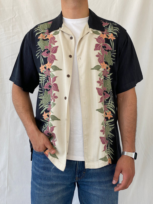Vintage Red Macaw Black Floral Men’s Short Sleeve Hawaiian Rayon Beach Shirt - L - Balagan Vintage Half Sleeve Shirt 90s, half sleeve shirt, Hawaiian shirt, mens shirt, printed shirt, Ramez