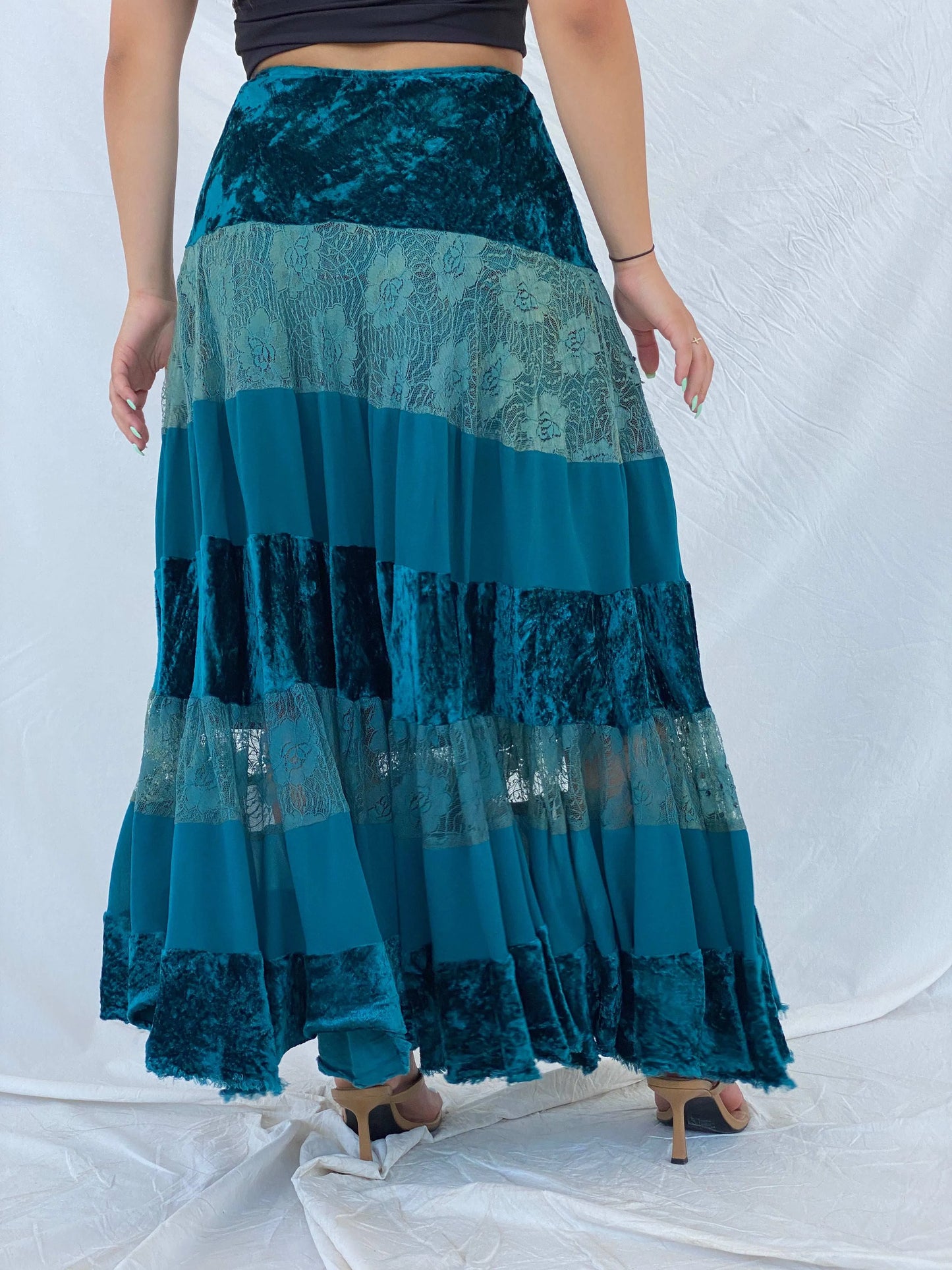 Vintage René Derhy Turquoise Gypsy Velvet and Lace Maxi Skirt - S - Balagan Vintage Maxi Skirt 00s, Lana, maxi skirt, summer