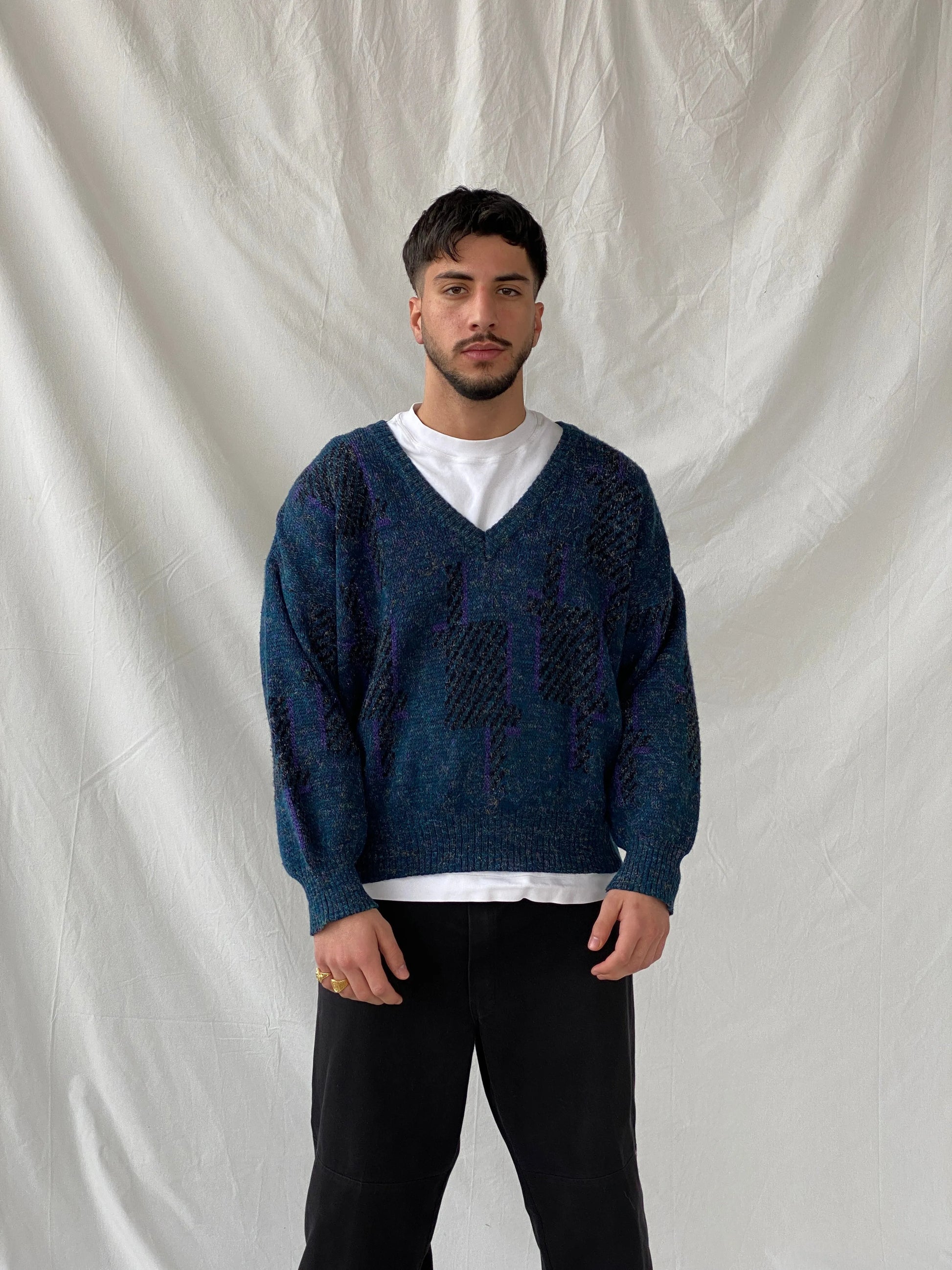 Vintage Retro 90s Angelo Litrico Blue Wool Blend V-Neck Sweater Pullover - XL - Balagan Vintage Sweater 90s, Hamza, knit, knitted, knitted sweater, men, streetwear, vintage, vintage sweater, winter