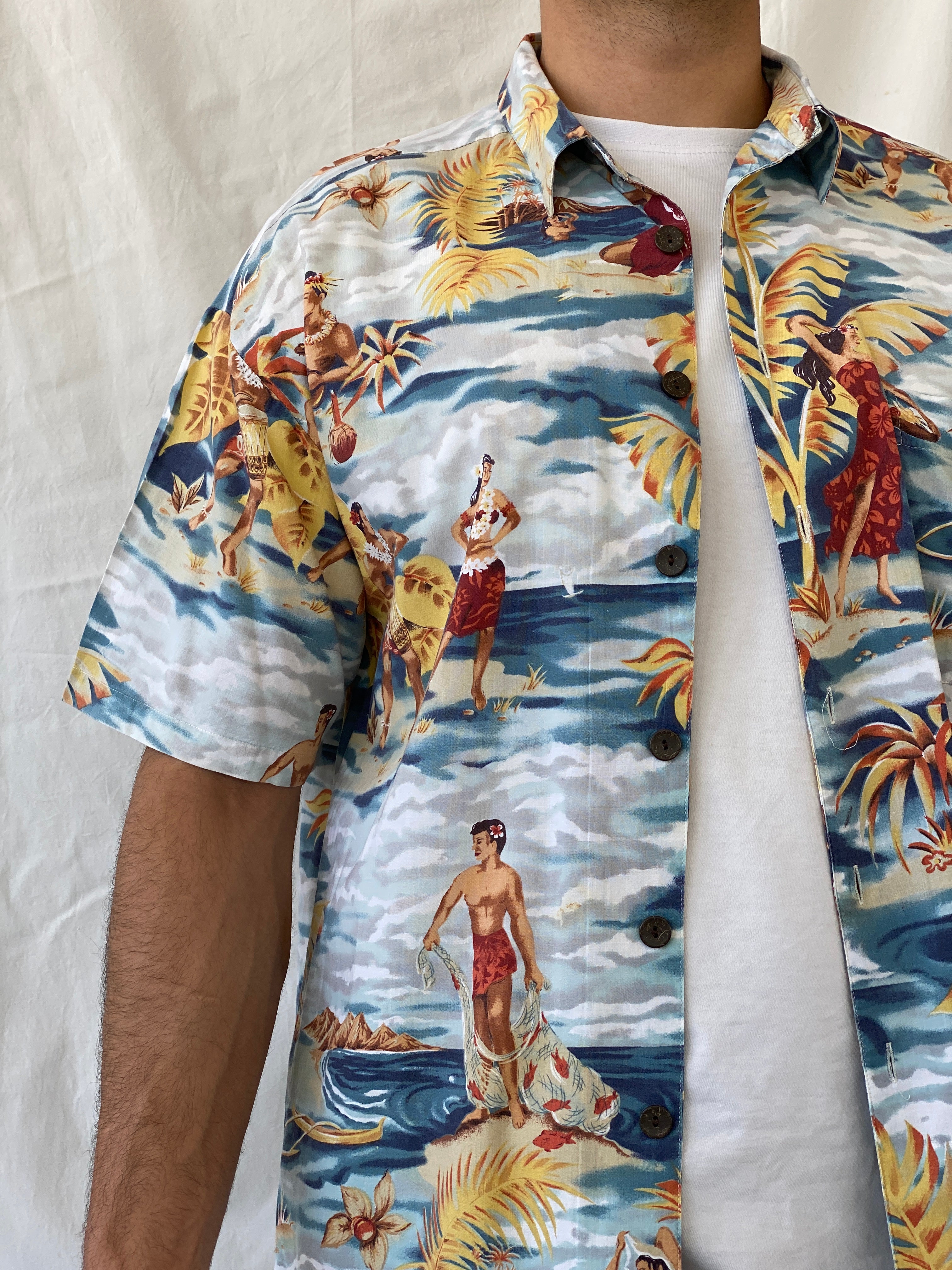 Vintage Robert Stock Hula Dancers Printed Short Sleeve Hawaiian Button Up Men’s Shirt - L - Balagan Vintage Half Sleeve Shirt 90s, half sleeve shirt, Hawaiian shirt, mens shirt, NEW IN, printed shirt, Ramez, silk