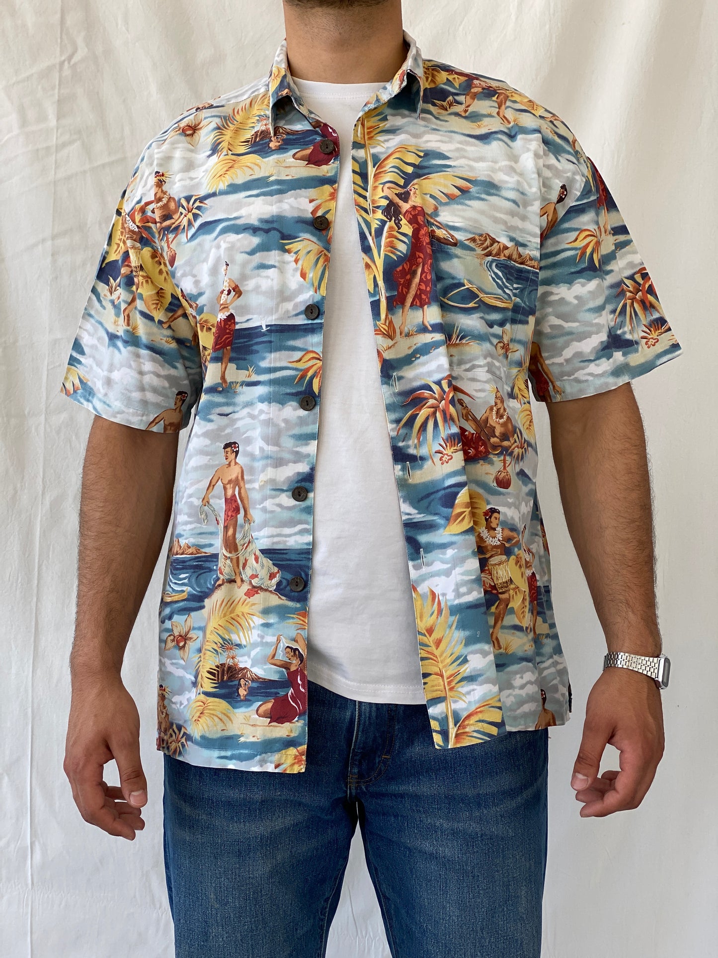 Vintage Robert Stock Hula Dancers Printed Short Sleeve Hawaiian Button Up Men’s Shirt - L - Balagan Vintage Half Sleeve Shirt 90s, half sleeve shirt, Hawaiian shirt, mens shirt, NEW IN, printed shirt, Ramez, silk