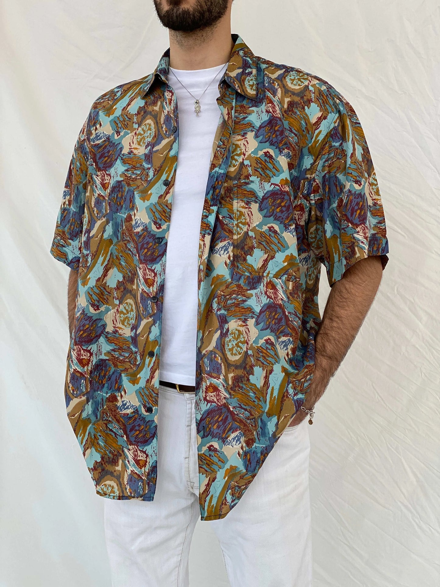 Vintage Robert Stock Printed Silk Shirt Size L - Balagan Vintage Half Sleeve Shirt 00s, 90s, Awsam, half sleeve shirt, printed shirt, silk shirt