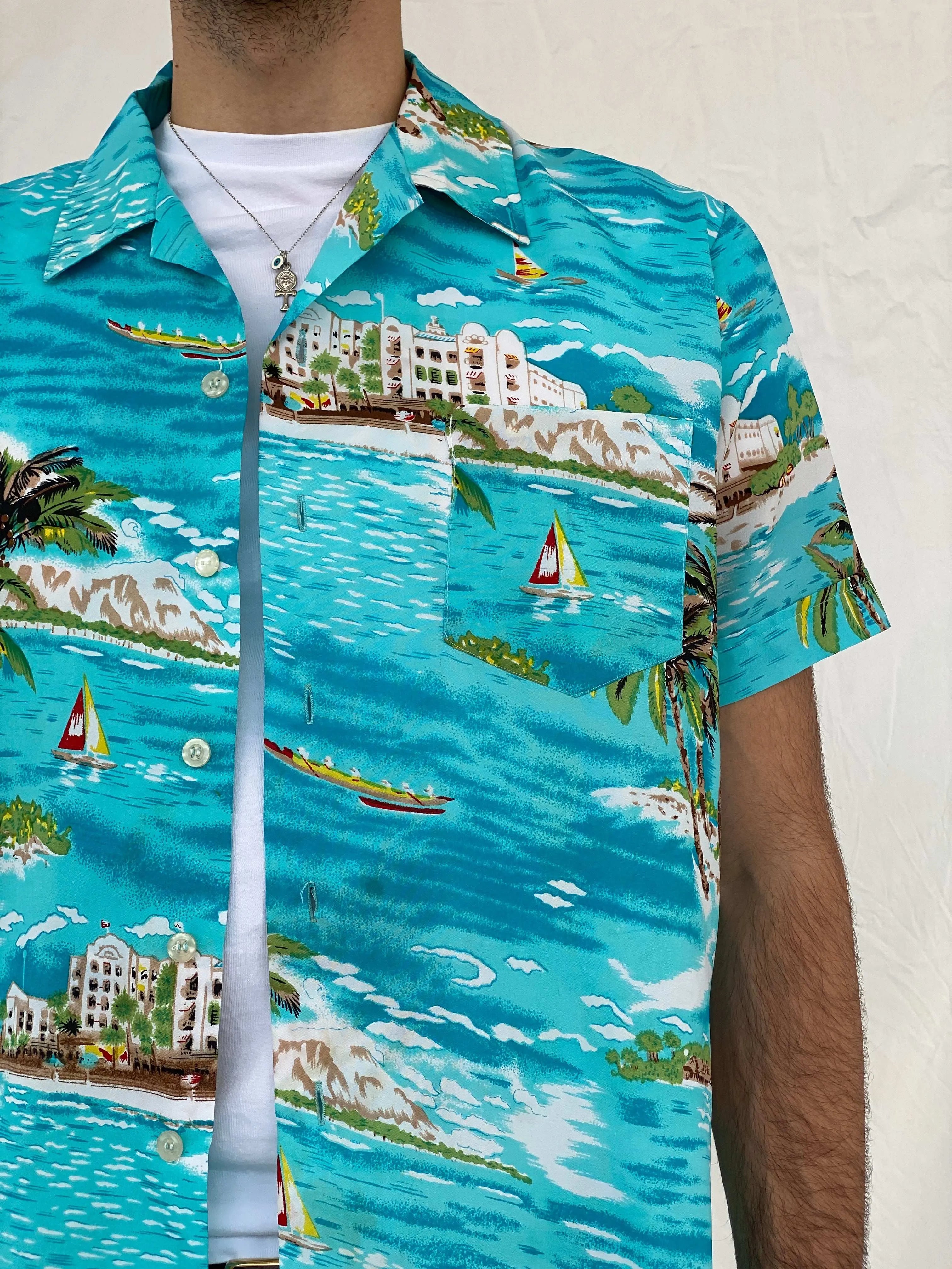 Vintage Romani Graphic Hawaiian Blue Beach Shirt - L - Balagan Vintage Half Sleeve Shirt 00s, 90s, Awsam, graphic, half sleeve shirt, printed shirt