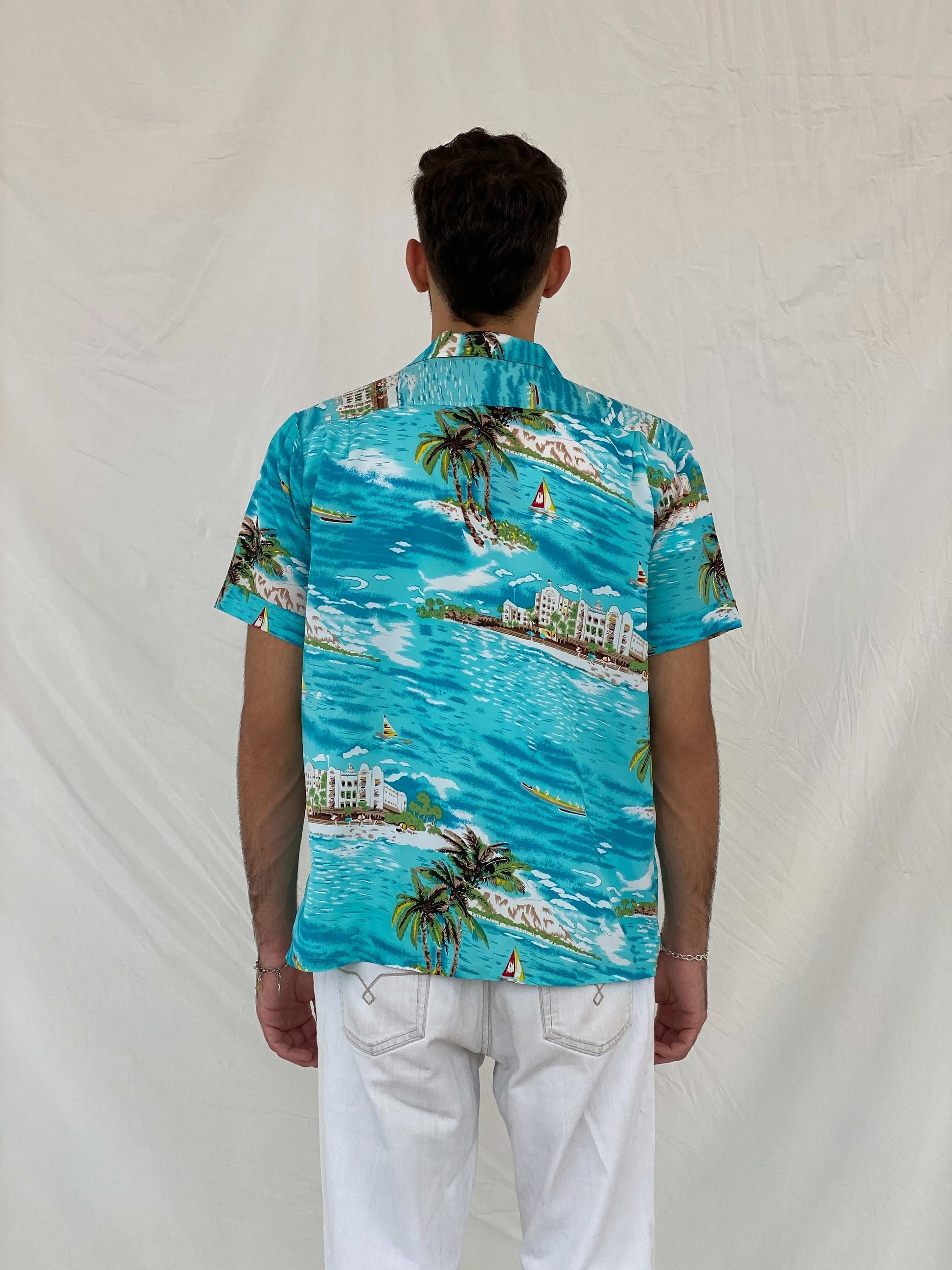 Vintage Romani Graphic Hawaiian Blue Beach Shirt - L - Balagan Vintage Half Sleeve Shirt 00s, 90s, Awsam, graphic, half sleeve shirt, printed shirt