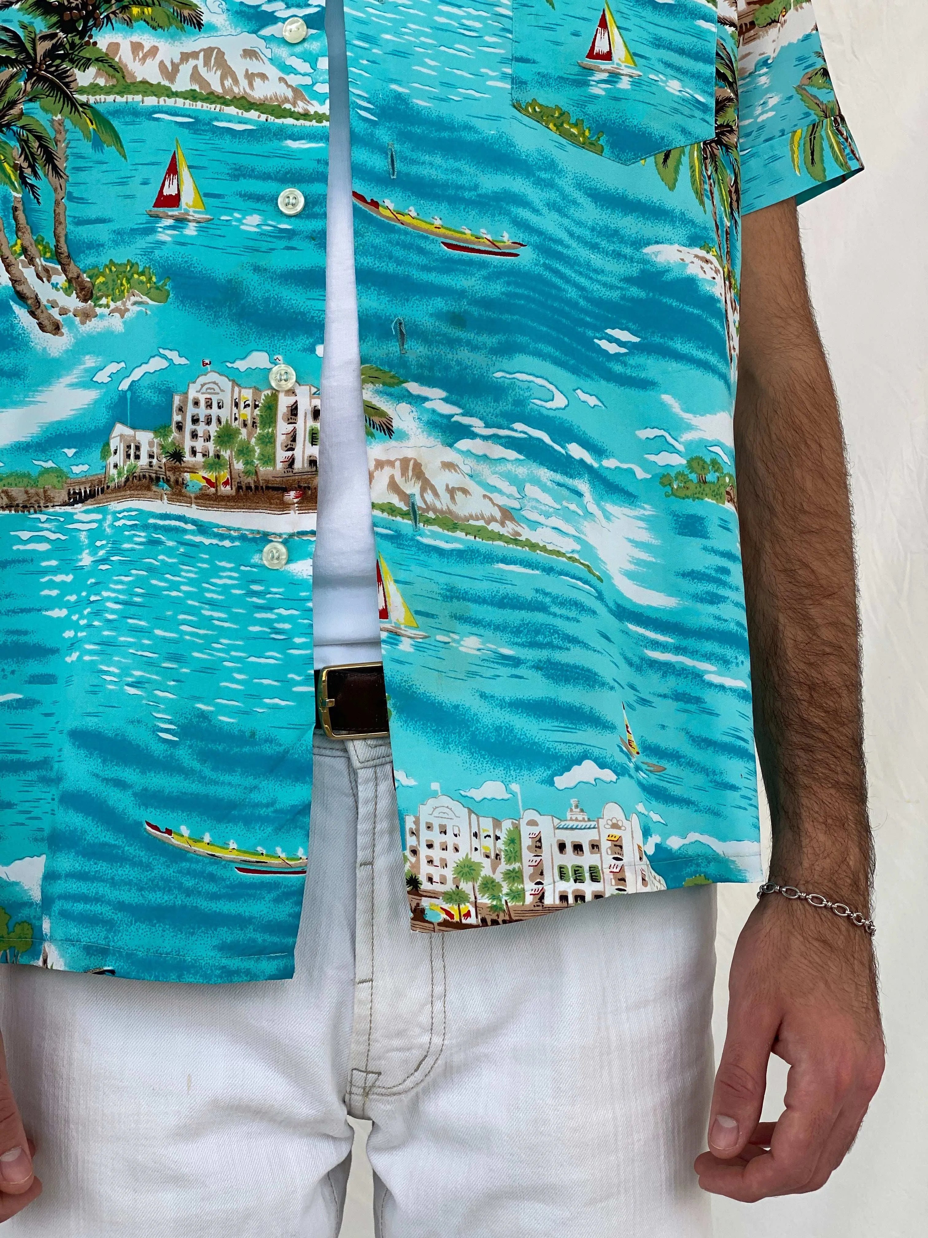 Vintage Romani Graphic Hawaiian Blue Beach Shirt - L - Balagan Vintage Half Sleeve Shirt 00s, 90s, Awsam, graphic, half sleeve shirt, printed shirt