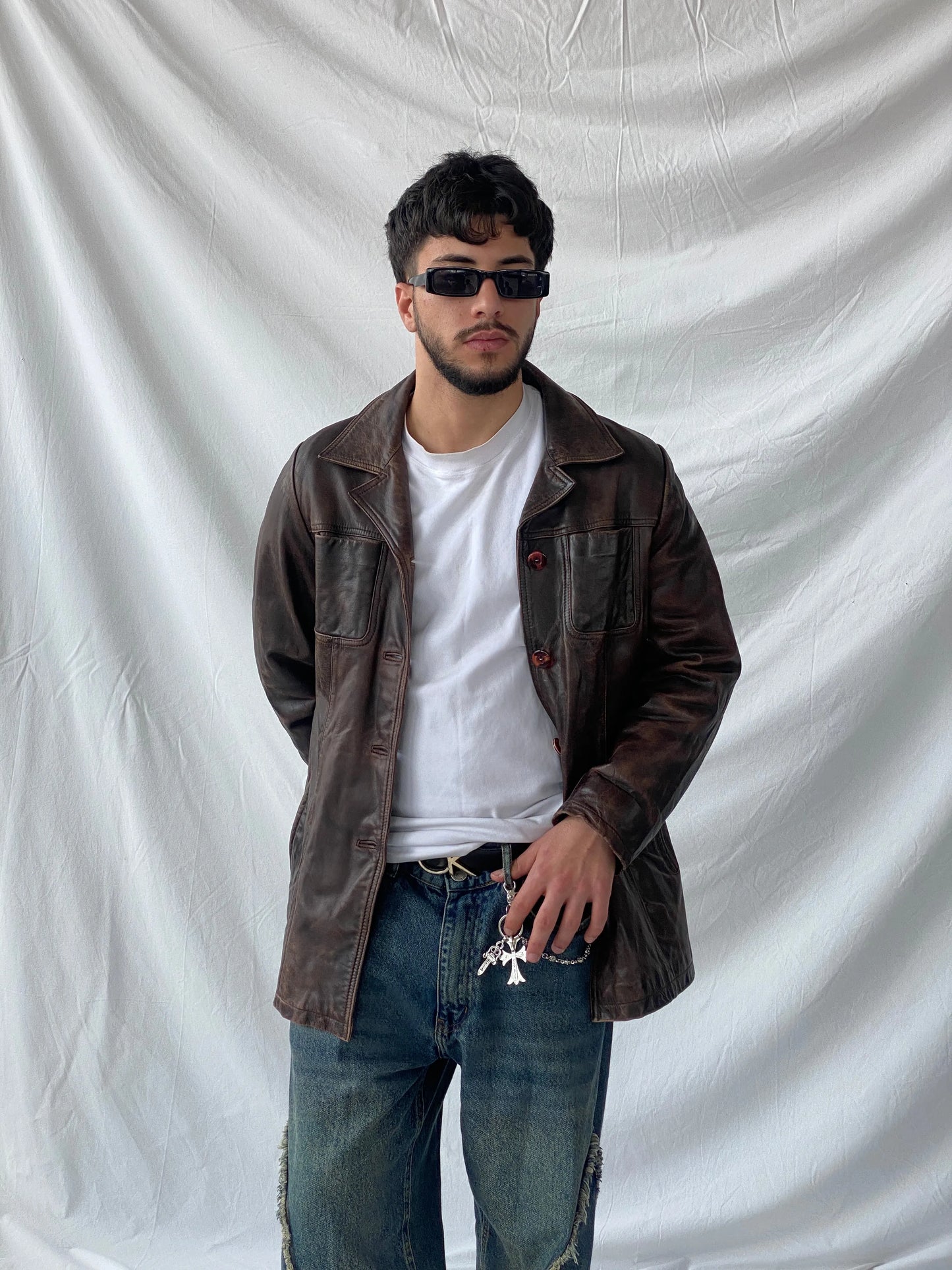 Vintage Saki Leather Brown Genuine Leather Buttoned Blazer Coat - M - Balagan Vintage Leather Jacket 90s, blazer, brown leather, full sleeve blazer, genuine leather, genuine leather jacket, Hamza, leather blazer, men blazer, winter