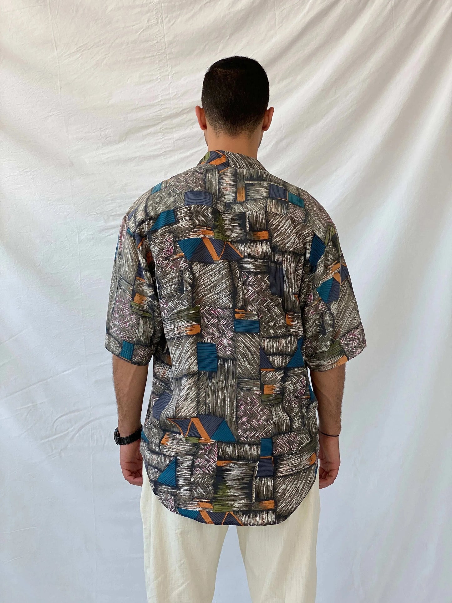 Vintage Santana Abstract Men’s Oversized Silk Button-Up Shirt - L - Balagan Vintage Half Sleeve Shirt 90s, half sleeve shirt, mens shirt, printed shirt, printed silk shirt, Ramez, silk, silk shirt