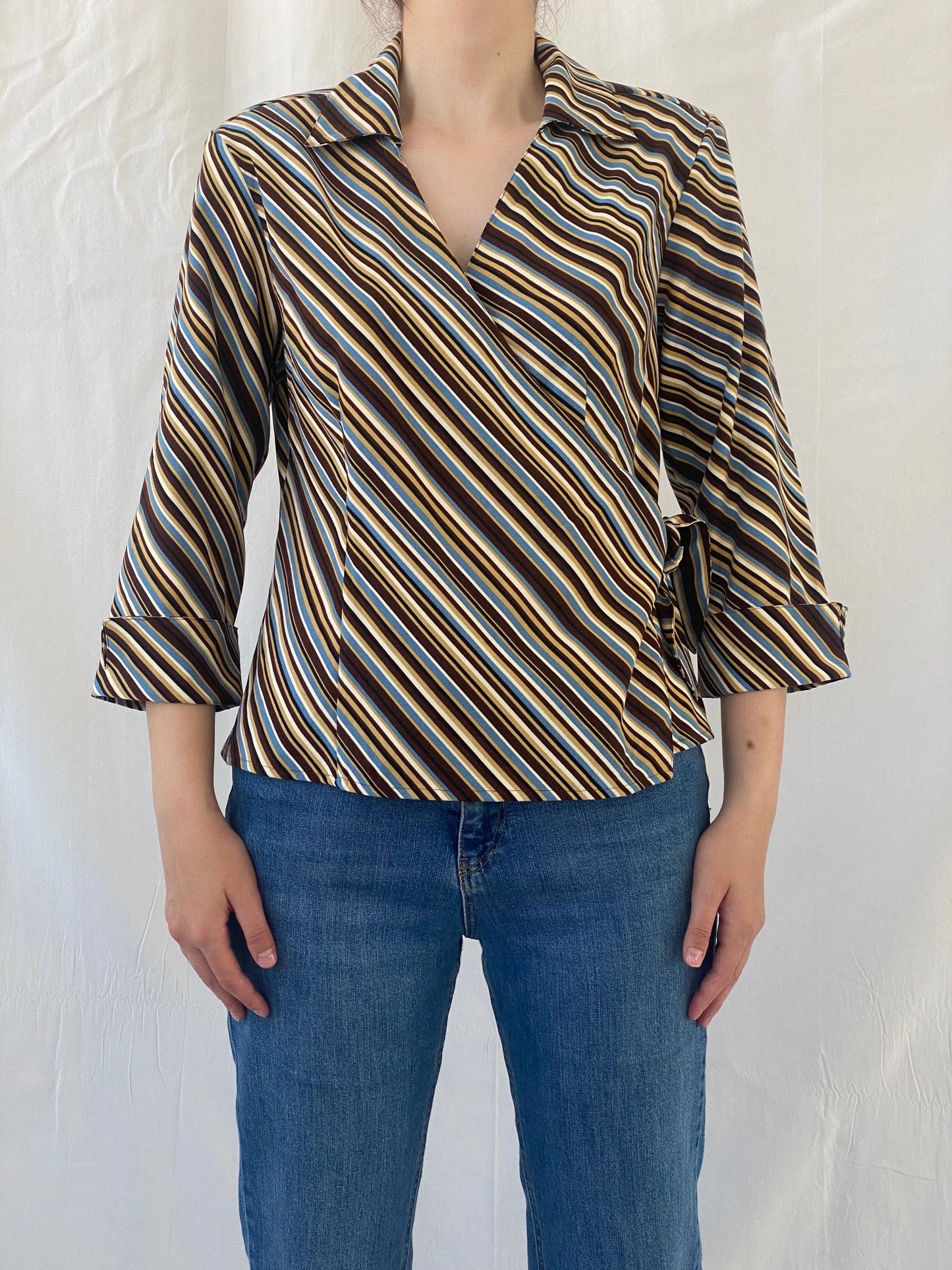 Vintage Selene Sport Striped Multi Colored Shirt Wrap Around Top - M - Balagan Vintage Full Sleeve Top Ayah, full sleeve shirt, Office core, shirt, striped, striped shirt, women shirt