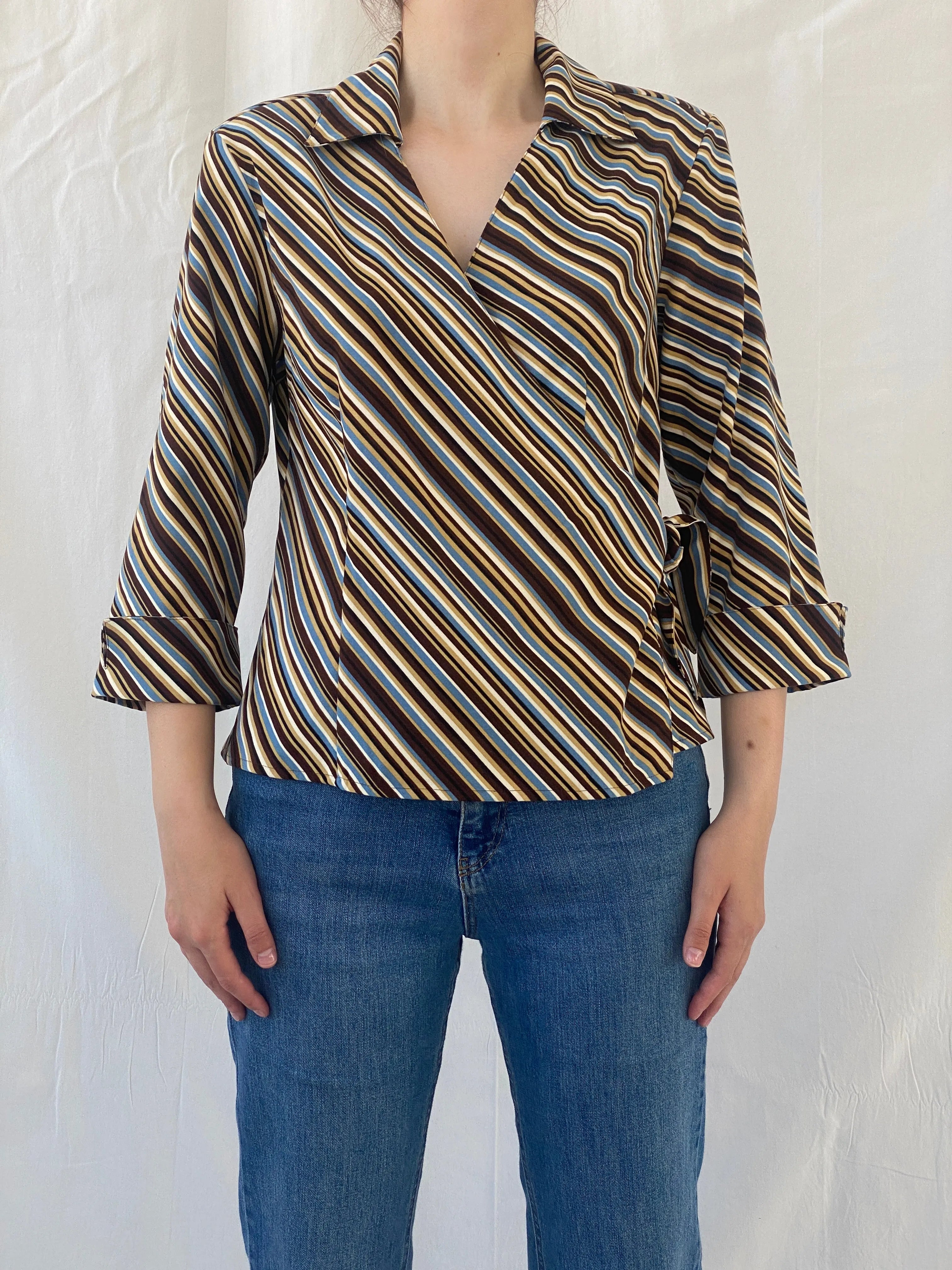 Vintage Selene Sport Striped Multi Colored Shirt Wrap Around Top - M - Balagan Vintage Full Sleeve Top Ayah, full sleeve shirt, Office core, shirt, striped, striped shirt, women shirt