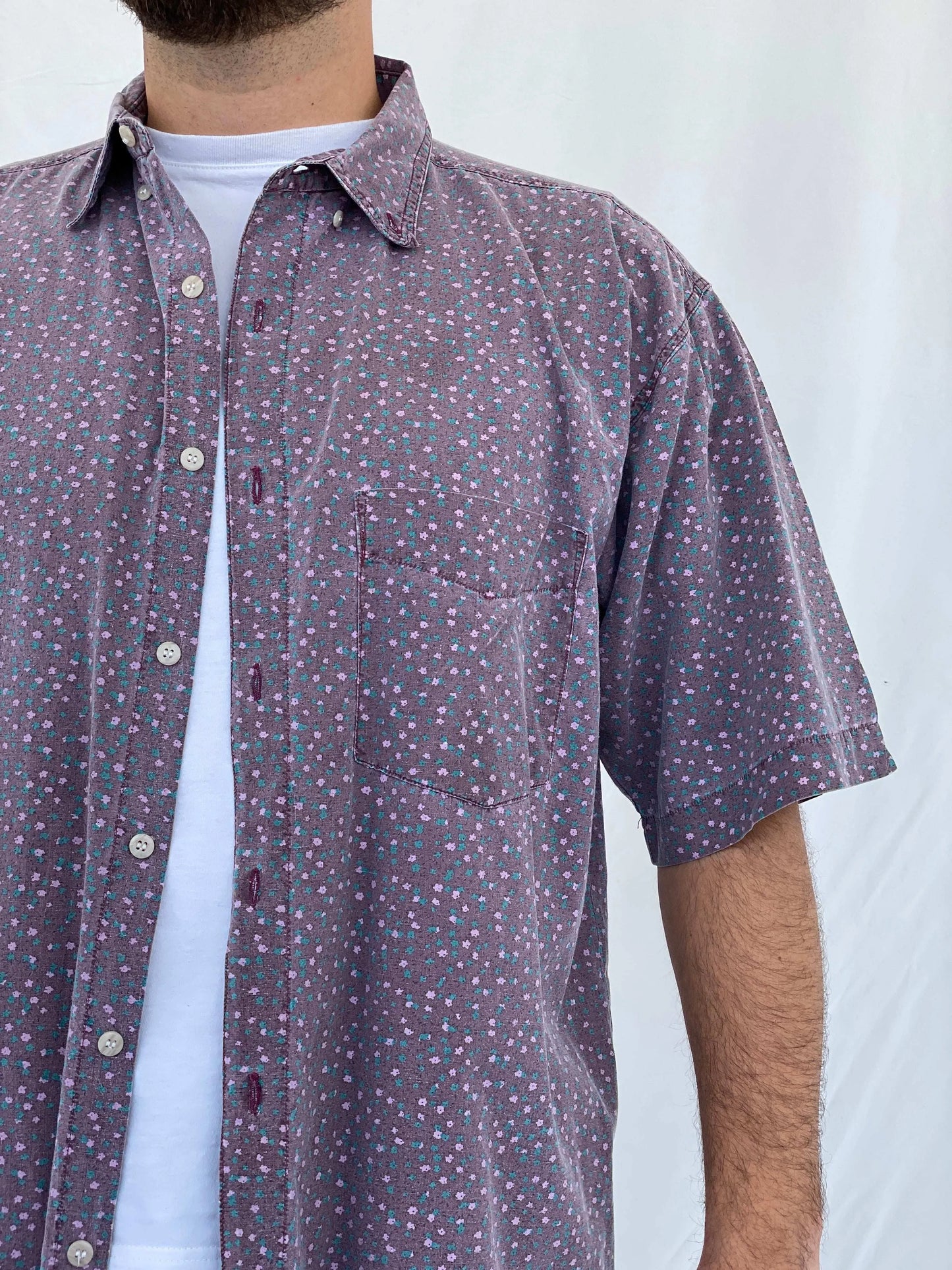 Vintage Shah Safari Floral Short Sleeve Purple Cotton Shirt - L - Balagan Vintage Half Sleeve Shirt 90s, half sleeve shirt, Iyad, mens shirt, printed shirt
