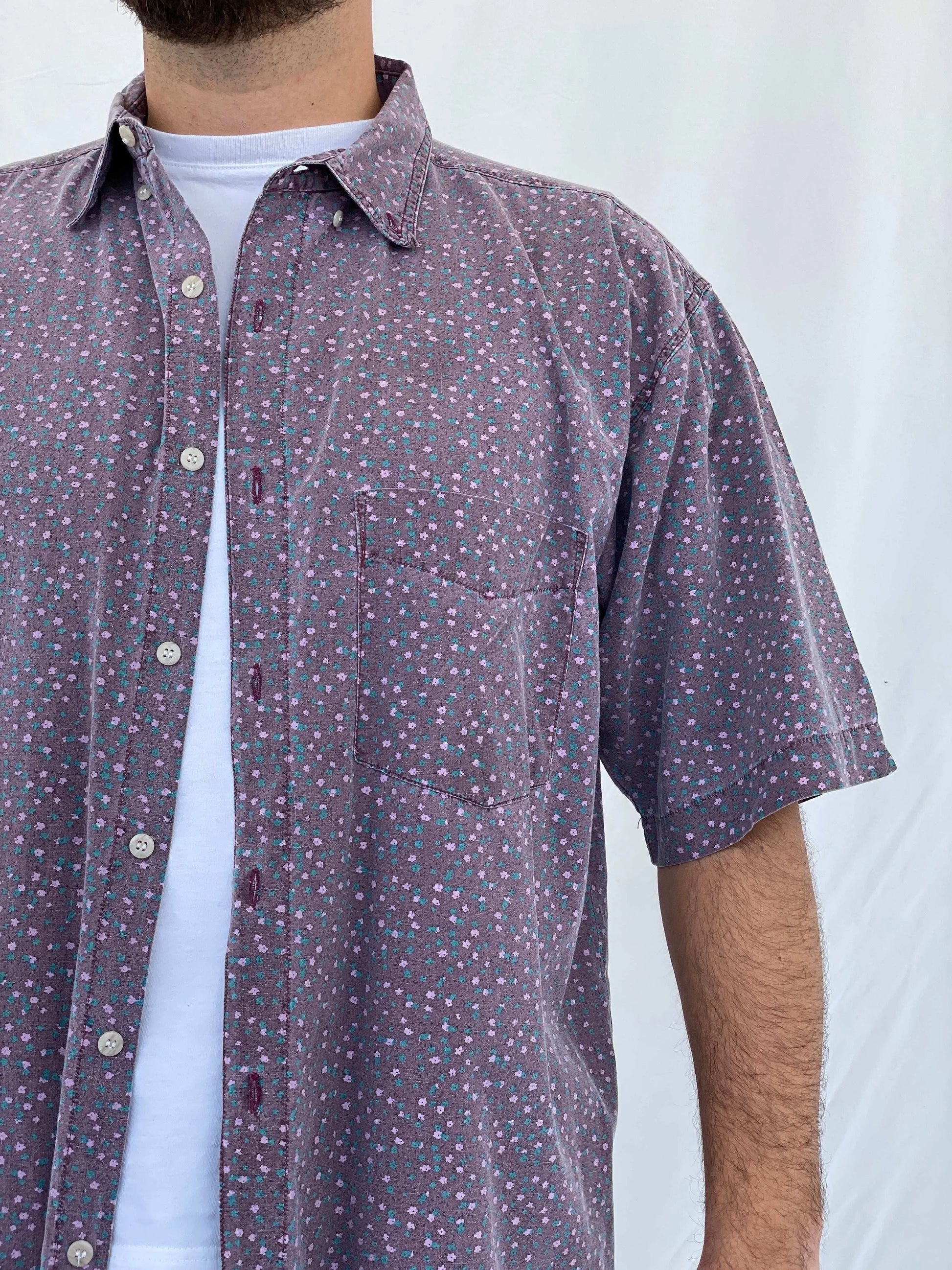 Vintage Shah Safari Floral Short Sleeve Purple Cotton Shirt - L - Balagan Vintage Half Sleeve Shirt 90s, half sleeve shirt, Iyad, mens shirt, printed shirt