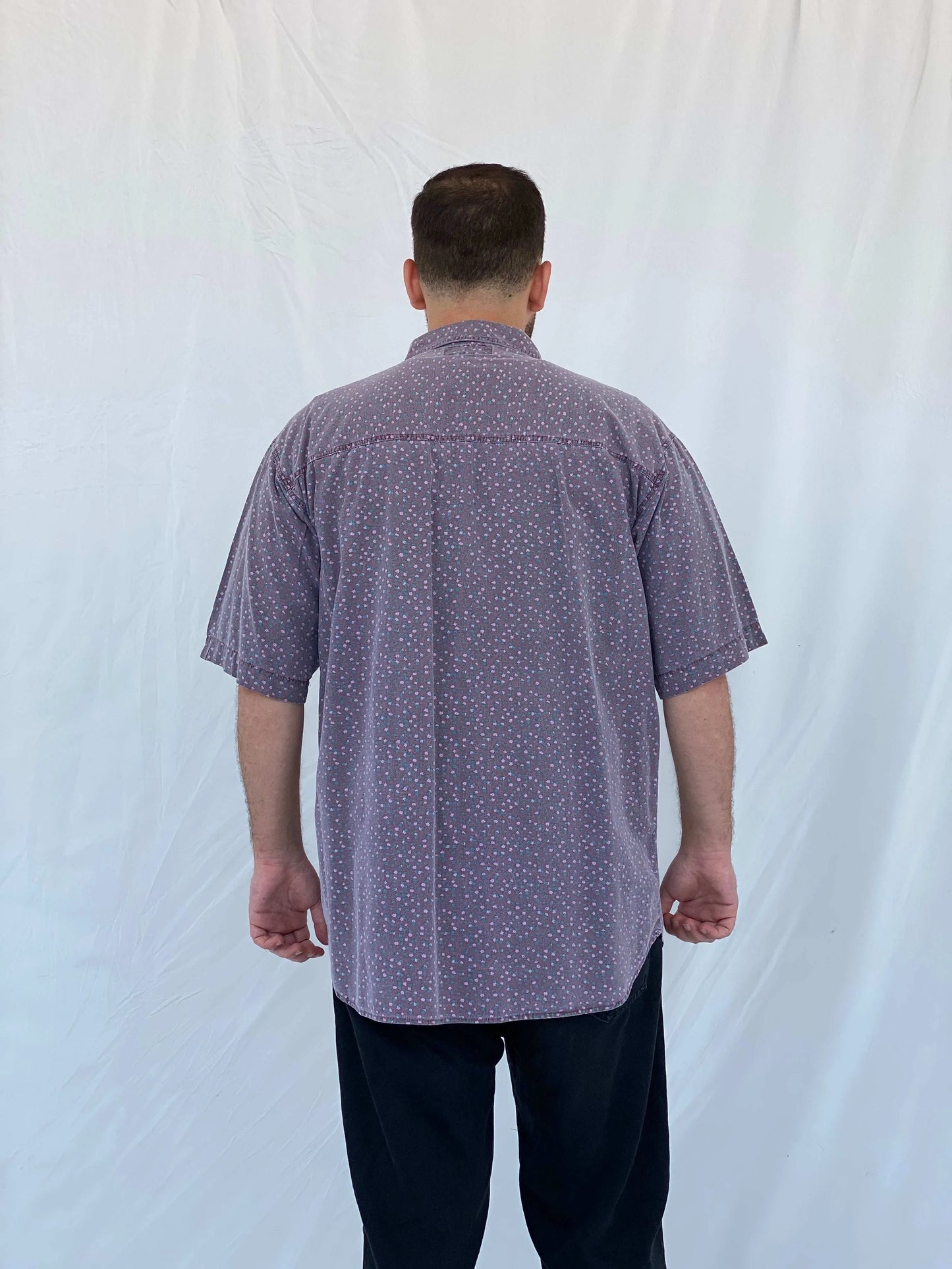 Vintage Shah Safari Floral Short Sleeve Purple Cotton Shirt - L - Balagan Vintage Half Sleeve Shirt 90s, half sleeve shirt, Iyad, mens shirt, printed shirt
