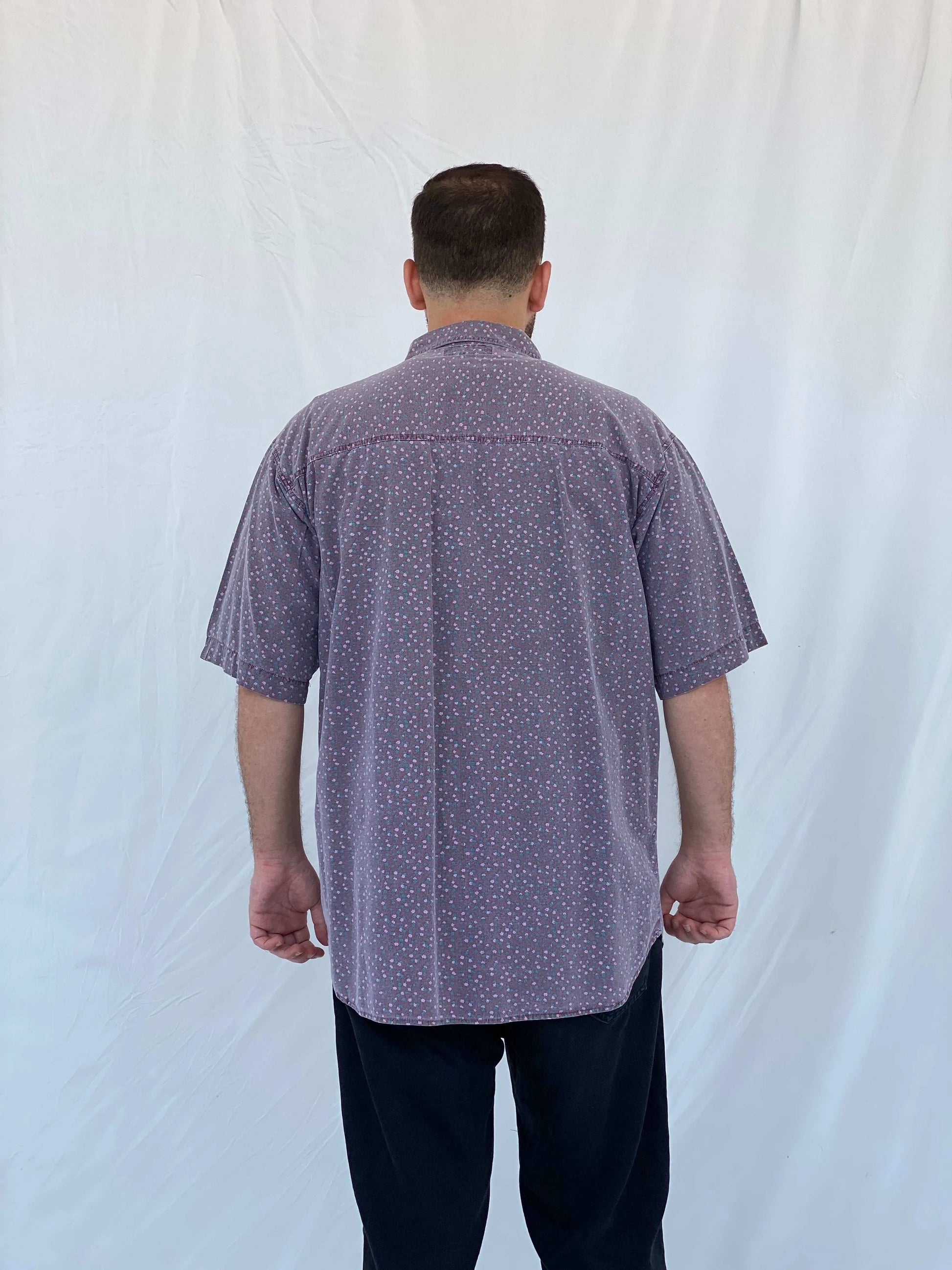 Vintage Shah Safari Floral Short Sleeve Purple Cotton Shirt - L - Balagan Vintage Half Sleeve Shirt 90s, half sleeve shirt, Iyad, mens shirt, printed shirt