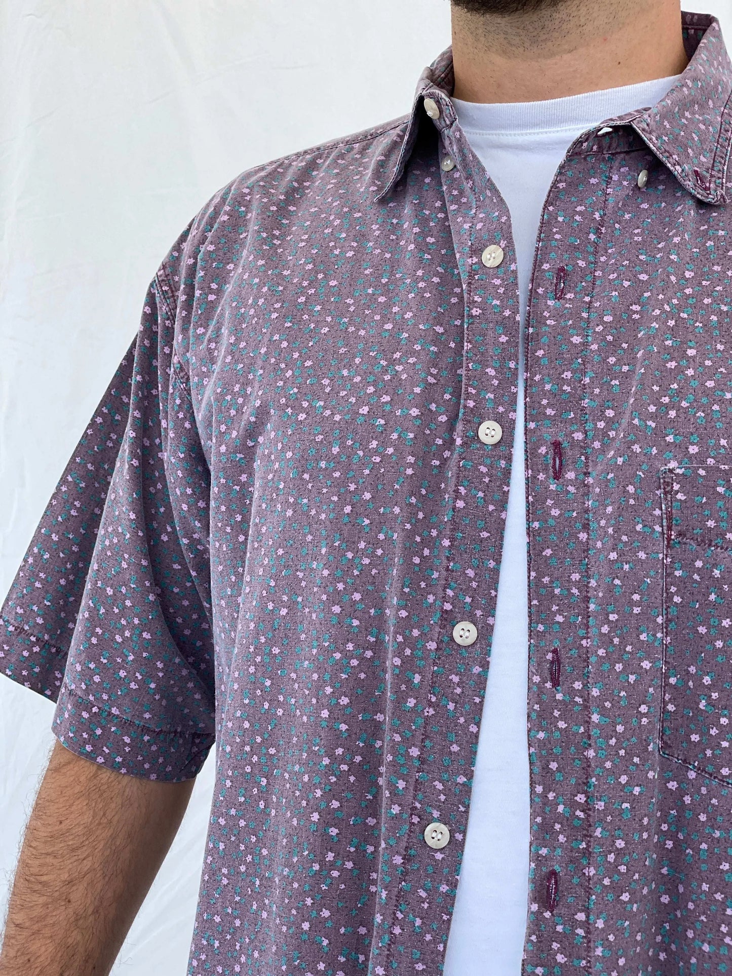 Vintage Shah Safari Floral Short Sleeve Purple Cotton Shirt - L - Balagan Vintage Half Sleeve Shirt 90s, half sleeve shirt, Iyad, mens shirt, printed shirt