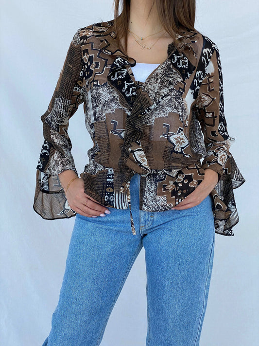 Vintage Sheer Boho Print Brown Cardigan Top - Size M - Balagan Vintage Cardigan 90s, cardigan, Juana, sheer, sheer shirt