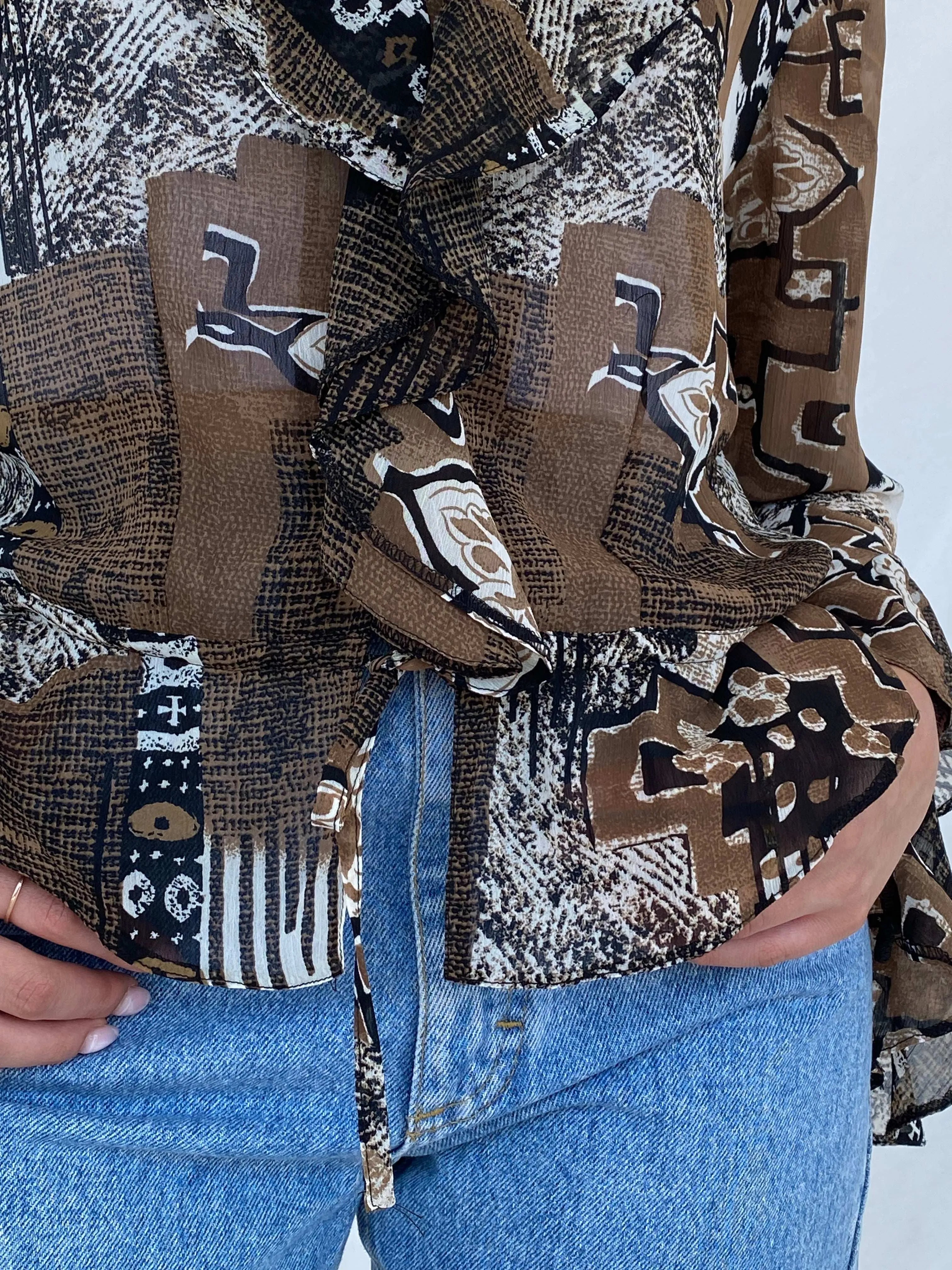 Vintage Sheer Boho Print Brown Cardigan Top - Size M - Balagan Vintage Cardigan 90s, cardigan, Juana, sheer, sheer shirt