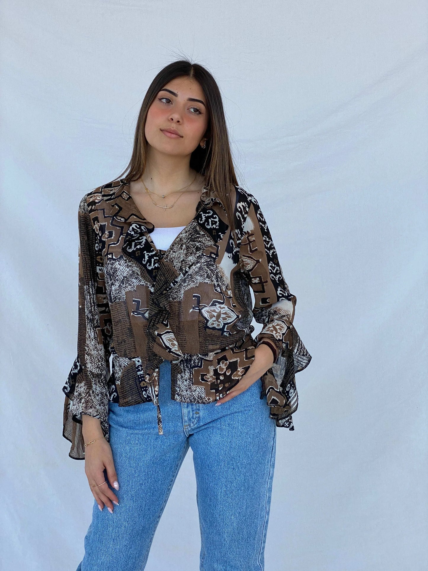 Vintage Sheer Boho Print Brown Cardigan Top - Size M - Balagan Vintage Cardigan 90s, cardigan, Juana, sheer, sheer shirt