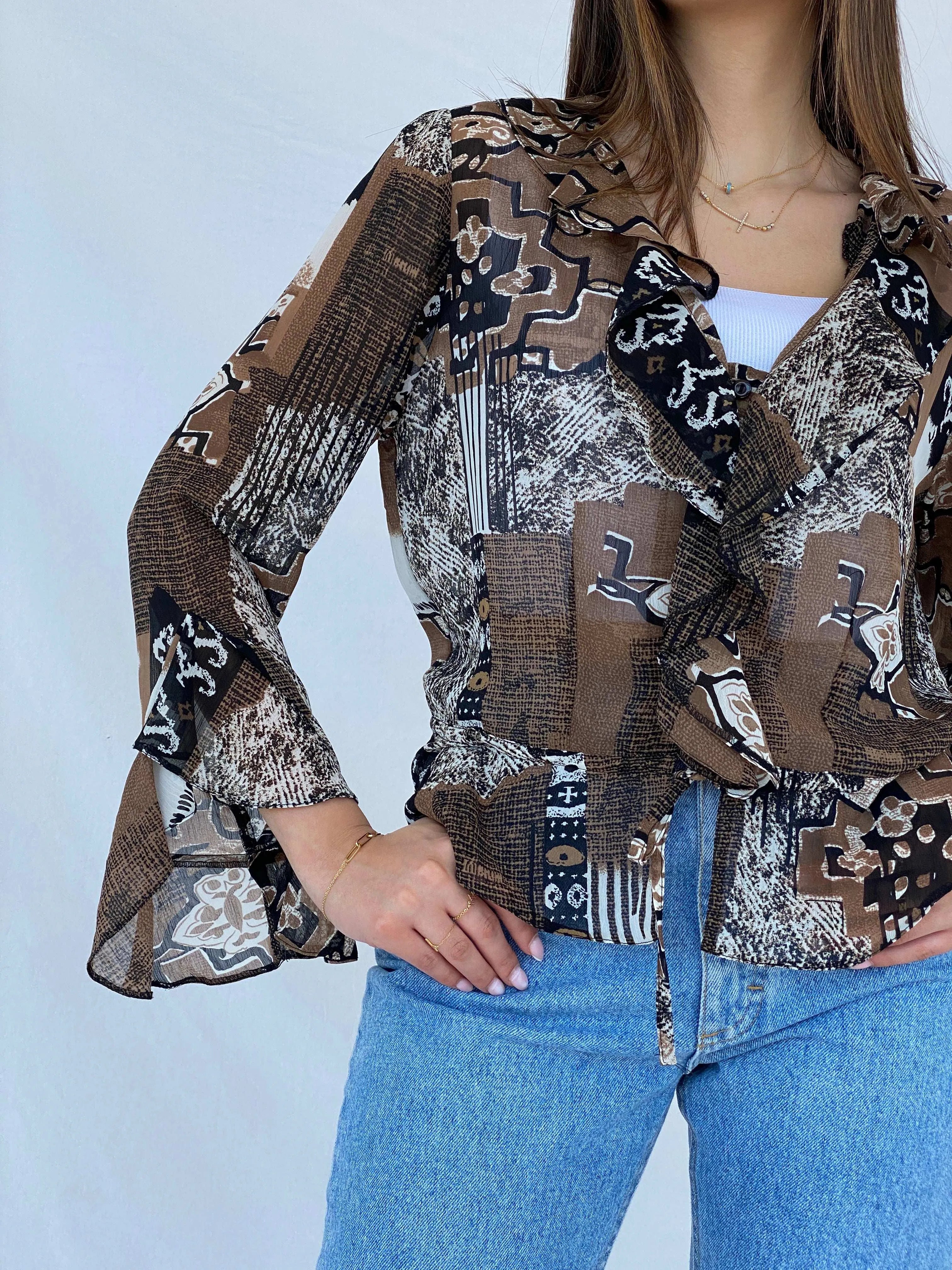 Vintage Sheer Boho Print Brown Cardigan Top - Size M - Balagan Vintage Cardigan 90s, cardigan, Juana, sheer, sheer shirt