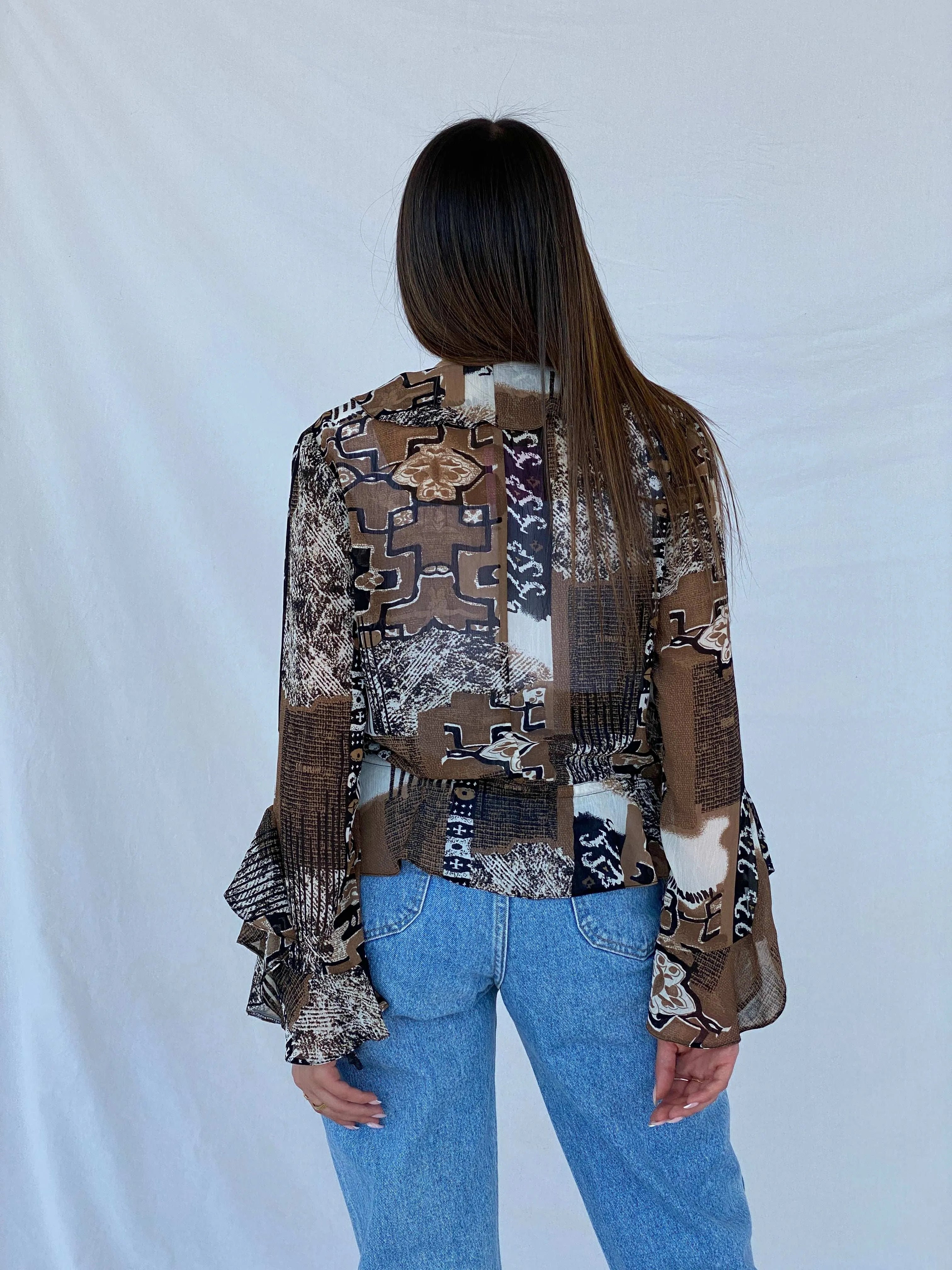 Vintage Sheer Boho Print Brown Cardigan Top - Size M - Balagan Vintage Cardigan 90s, cardigan, Juana, sheer, sheer shirt