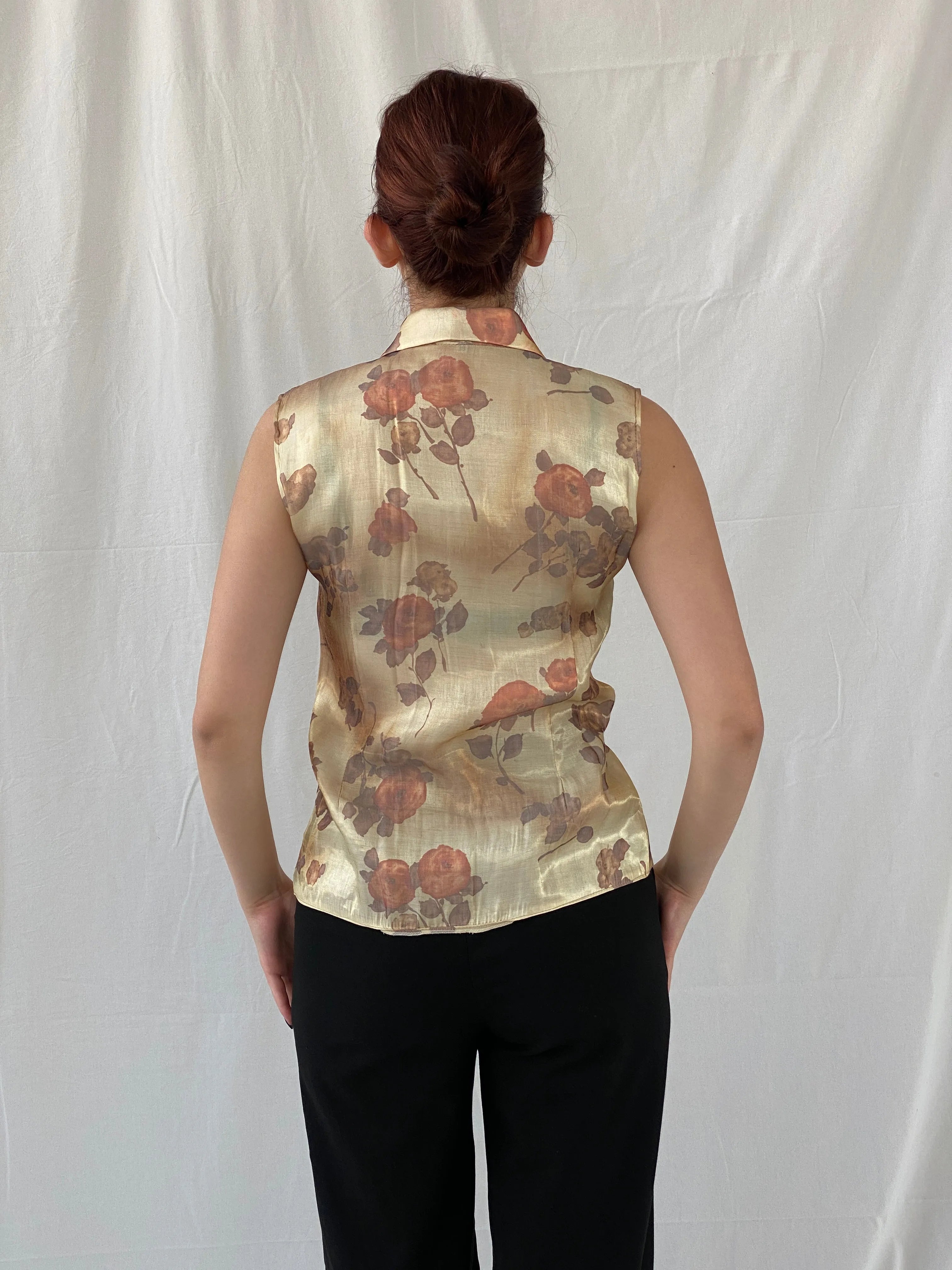 Vintage Shimmery Gold Women’s Buttoned Floral Sleeveless Shirt - M - Balagan Vintage Sleeveless Top 00s, Ayah, floral, floral shirt, sheer, shirt, sleeveless top, women shirt