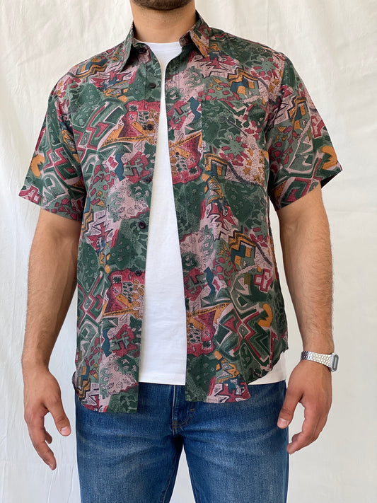 Vintage Shizhuang Abstract Men’s Short Sleeve Green Geometric Shirt - L - Balagan Vintage Half Sleeve Shirt 90s, half sleeve shirt, Hawaiian shirt, mens shirt, printed shirt, Ramez, silk