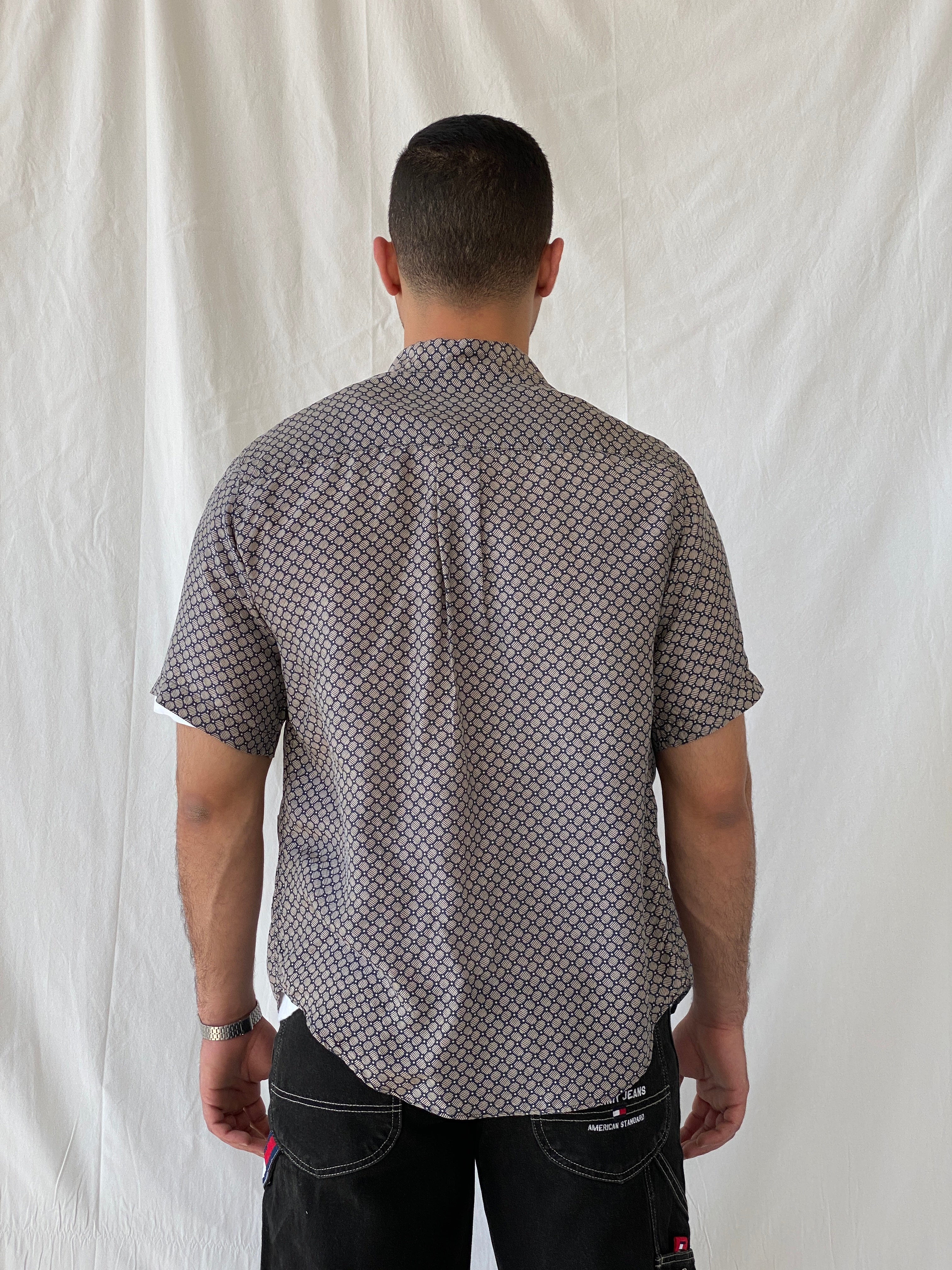 Vintage SILK UOMO by NAK Men’s Beige Navy Short Sleeve Silk Shirt - S - Balagan Vintage Half Sleeve Shirt 90s, half sleeve shirt, mens shirt, printed shirt, printed silk shirt, Ramez, silk, silk shirt